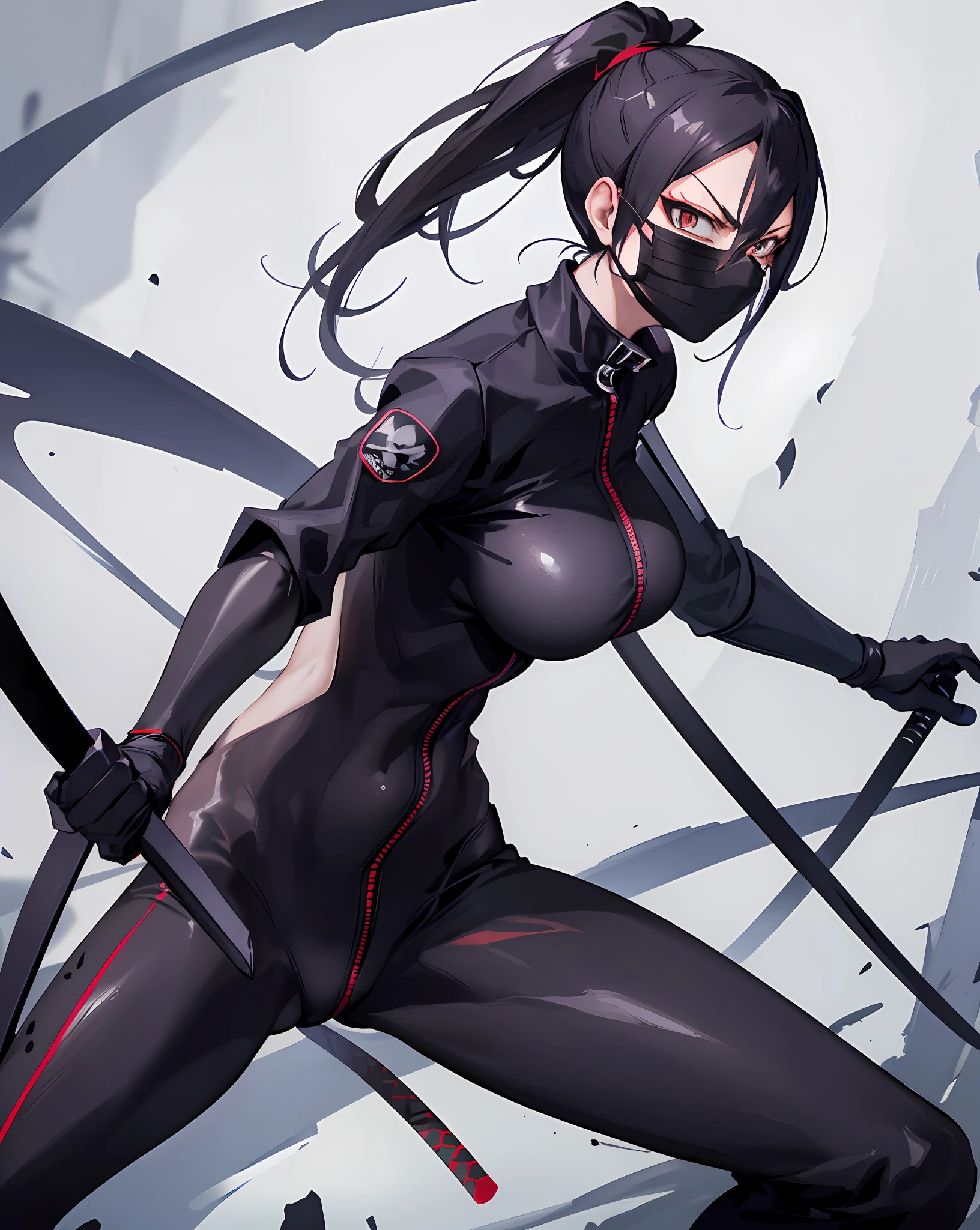 ninja, ponytail, black mask, big breasts, catsuit, angry, rope, sword, fighting