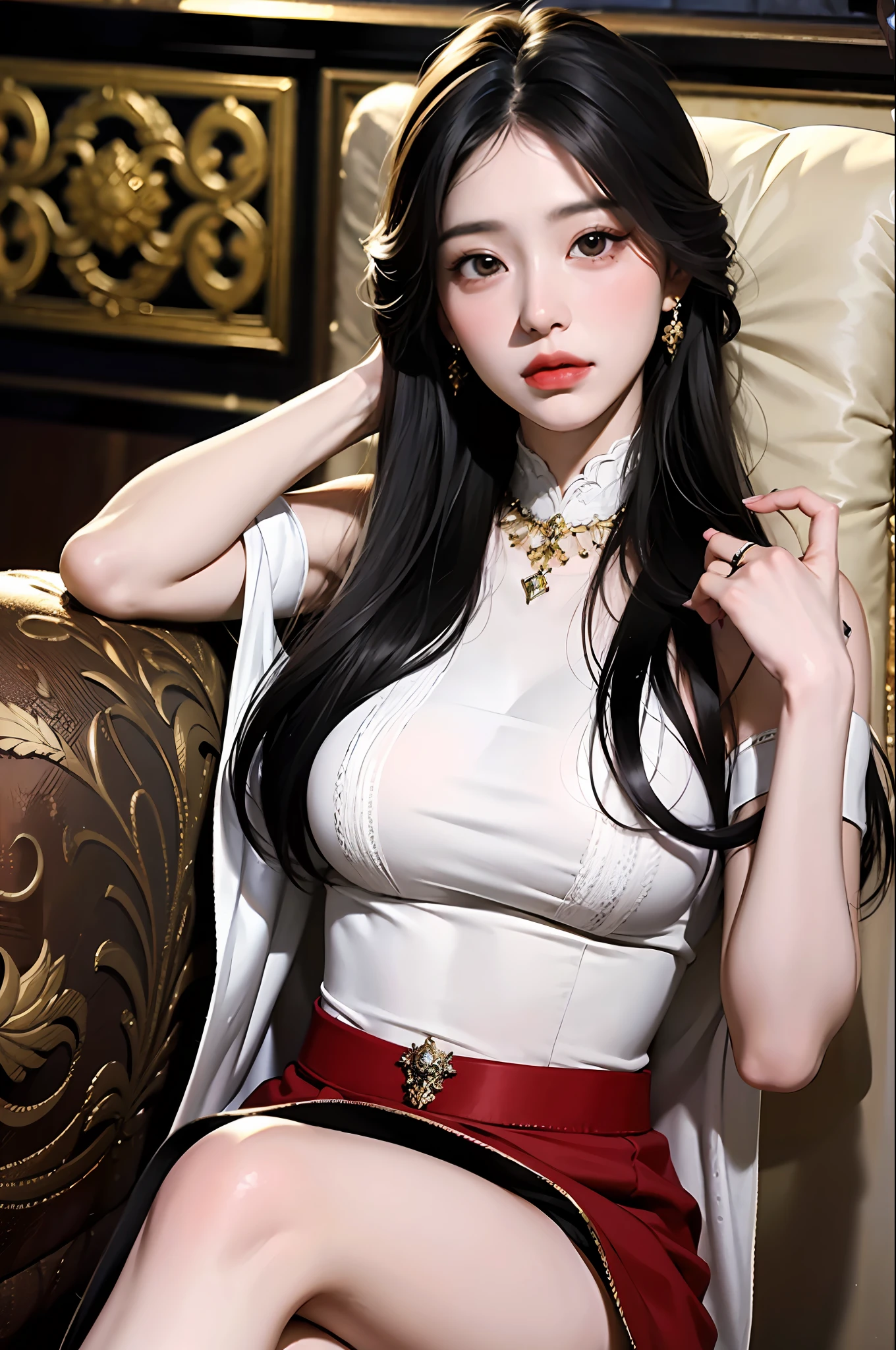 1 Girl, sitting on the classical European sofa, white skin, black hair, long hair with slight curls, exquisite and beautiful big eyes, exquisite features, detailed features, exquisite and gorgeous uniform inlaid with gems, perfect figure,gorgeous classical European study, exquisite and gorgeous furnishings,