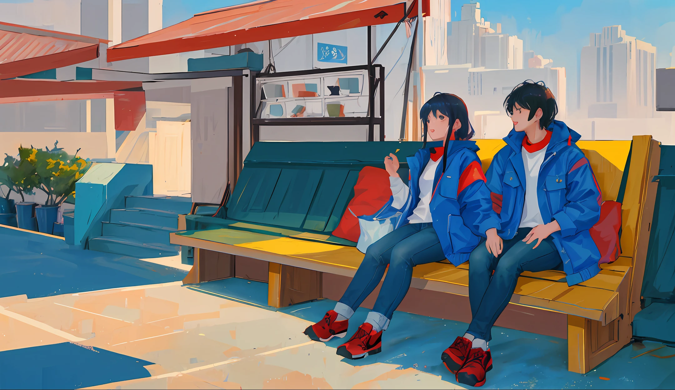 A pair of young Chinese lovers, wearing jackets and jeans, sitting on the roof, the background is Beijing in the 1990s, and the opposite building can be seen --v 5 --s 250 --q 2