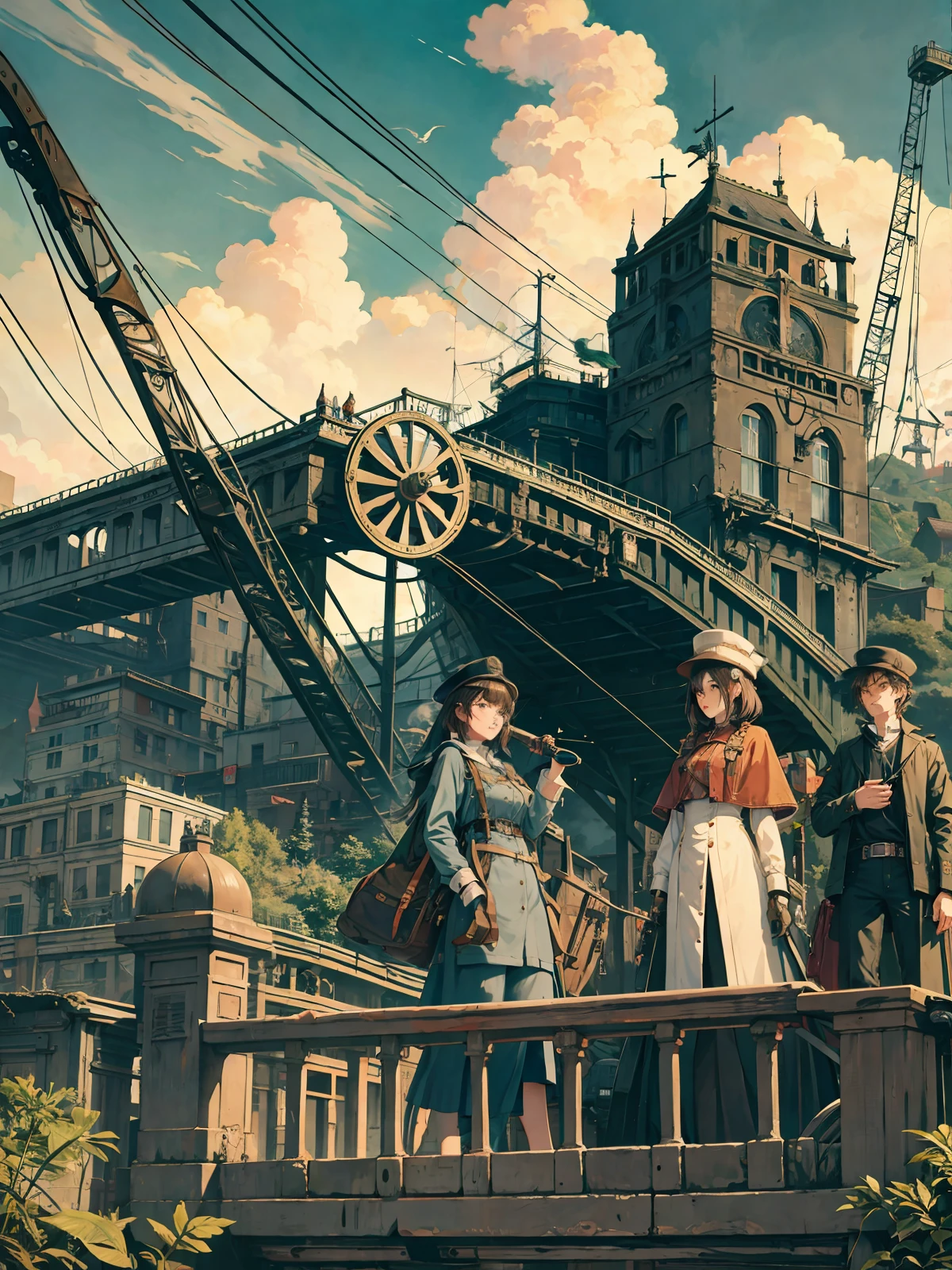 (best quality), ((masterpiece)), (highres), illustration, original, extremely detailed wallpaper, cloud, scenery, sky, outdoors, mountain, tree, landscape, fantasy, aircraft, smoke, 1girl, day, house, airship, tower, ground vehicle, building, windmill, grass, 1boy, blue sky, no humans, solo, chimney, nature, hill, plant, motor vehicle, hat, goggles, weapon, cloudy sky, robot, cliff, bird, train, city, ruins, short hair, floating island, flag, sign, steampunk, science fiction, long hair, stairs, bridge, brown hair, flying, town, watercraft, gun, dragon, power lines, sun, sitting, clothesline, multiple boys, forest, steam, signature, road, ladder, standing, overgrown, sword, cannon, ship, window, flower, cityscape, green theme, cat, multiple girls, water, airplane, black hair, lantern, mecha, crane (machine), ocean, castle, dog, clock, mountainous horizon, sunset, creature, smoking, machinery, animal, goggles on head, horizon, bush, 2girls, industrial pipe, radio antenna, dress --v 6