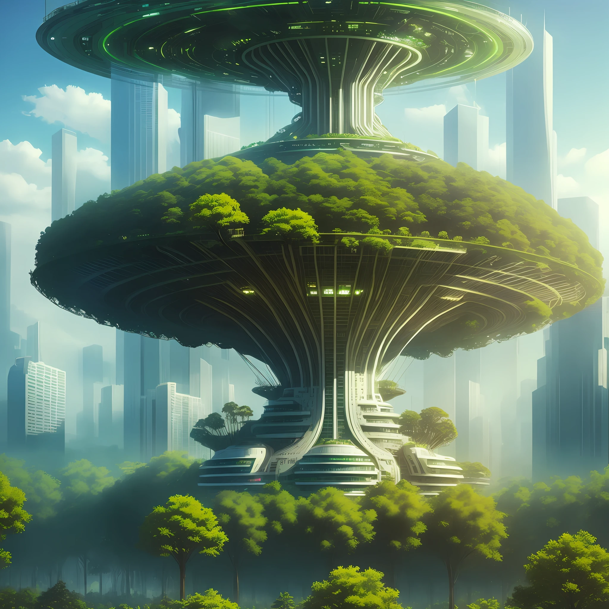Digital city, greenery, forest, alien spaceship