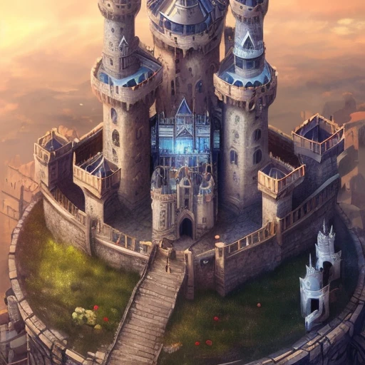 a close up of a castle with a tower and a tower with a clock, epic castle with tall spires, flying citadel with towers, fortress mega structure city, gigantic castle, flying cloud castle, isometric 3d fantasy, castles and temple details, fantasy castle, two giant towers, epic buildings in the center, isometric palace, high fantasy castle, ingame image