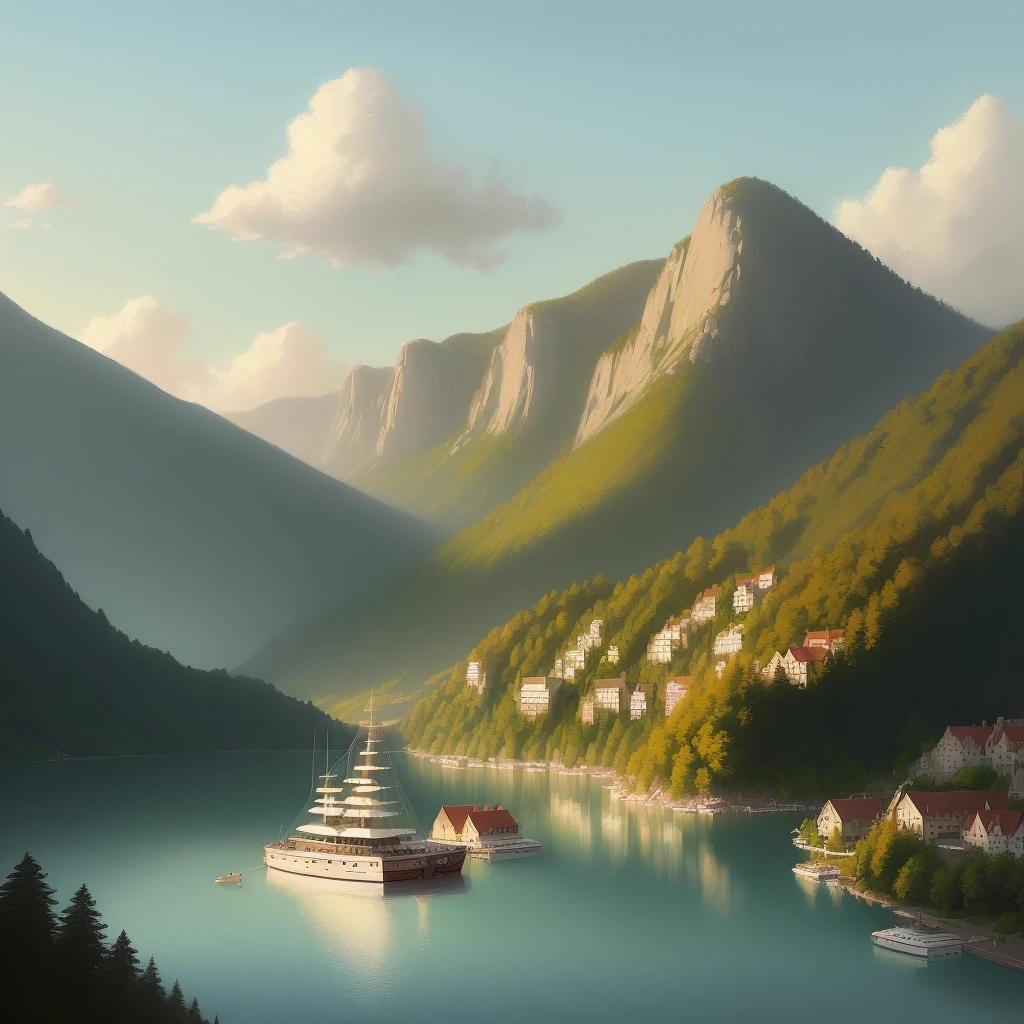 (((Spiritual picture))), (studio, natural light, low saturation), (hillside, boat on lake), (big scene, large space), (light color, delicate painting, unconstrained style, perfect rendering)