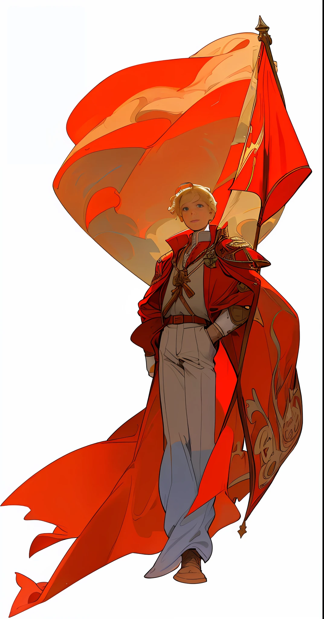 Mucha, Frontal Portrait, full body, blond hair to shoulders, boy, outdoors, backlight, medieval, France, holding red flag, red, blue, white, trousers, red jacket