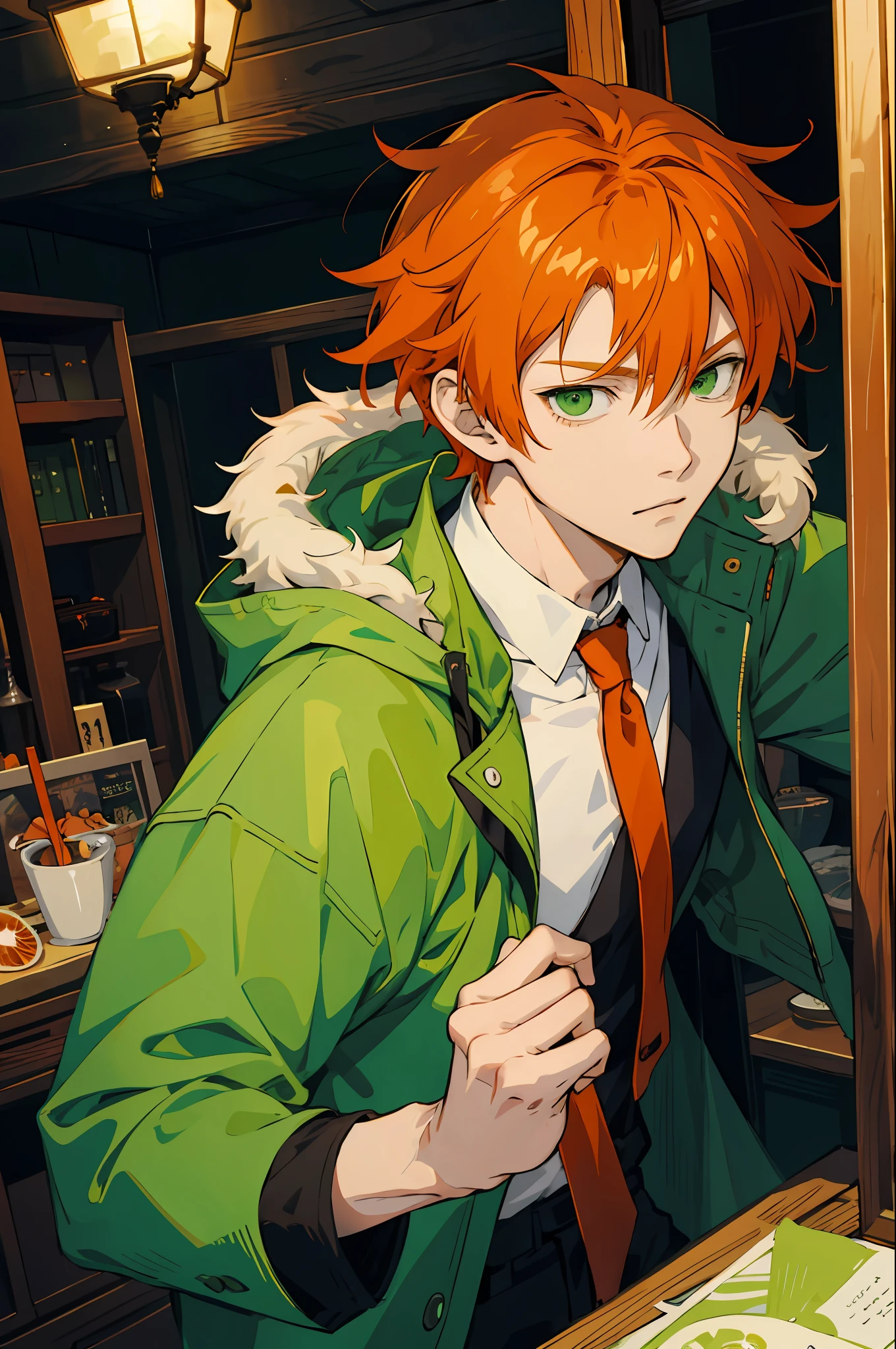 orange hair, green eyes, Asperm hair style, anime male character, wearing green coat, Ike no Taiga, pixiv, shin hanga, orange hair anime boy, demon slayer louis fan art, ginger hair and fur, inspired by anime moe art style received anime picture style, red hair and green eyes, Zero-chan, wearing a green tie, wearing a school uniform