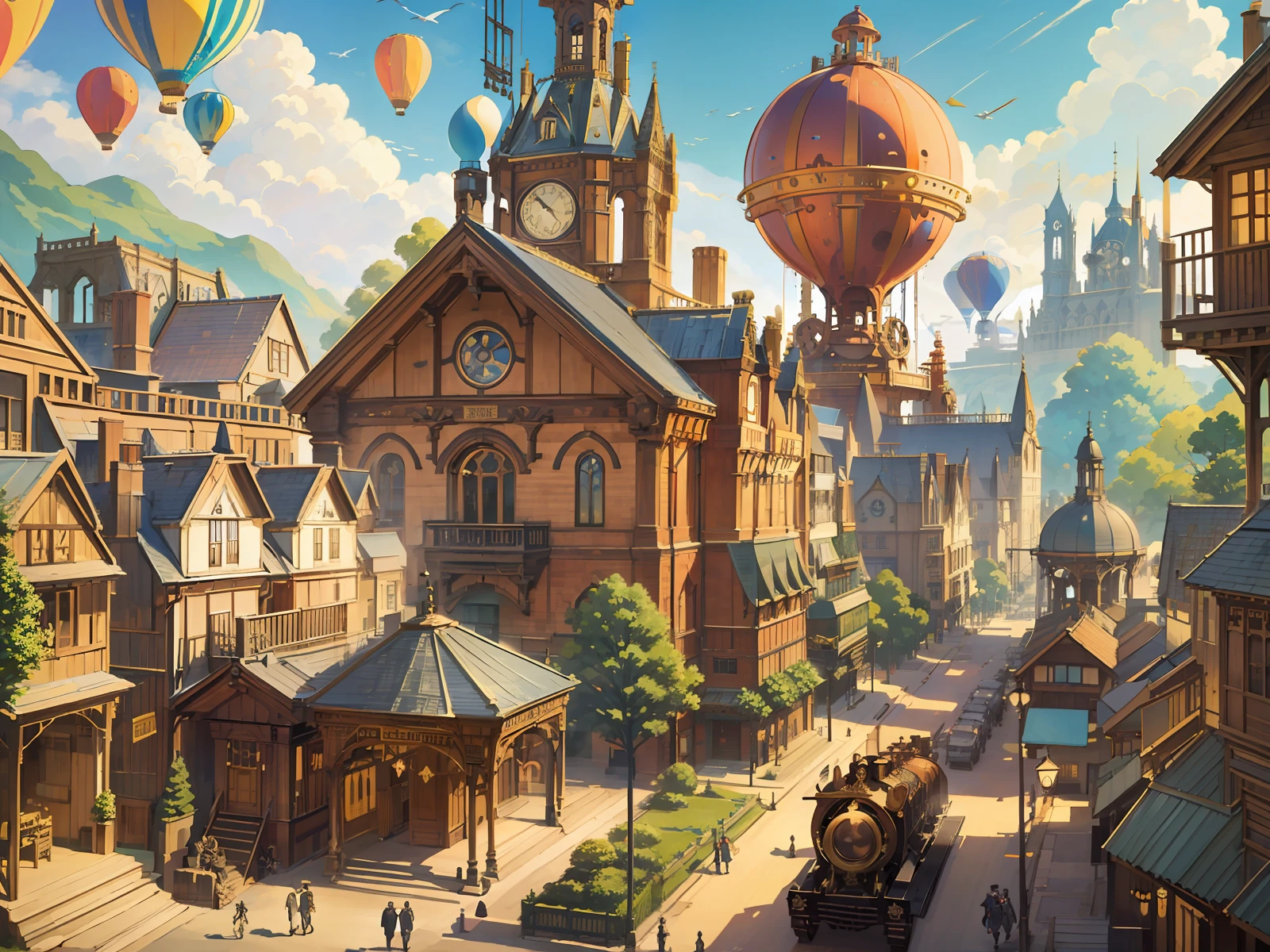 at the steampunk world fair, giant shiny machines and gears and pipes and balloons, victorian wood and white architecture, beautiful, vivid, sunny, anime movie still, ghibli style, --v 6