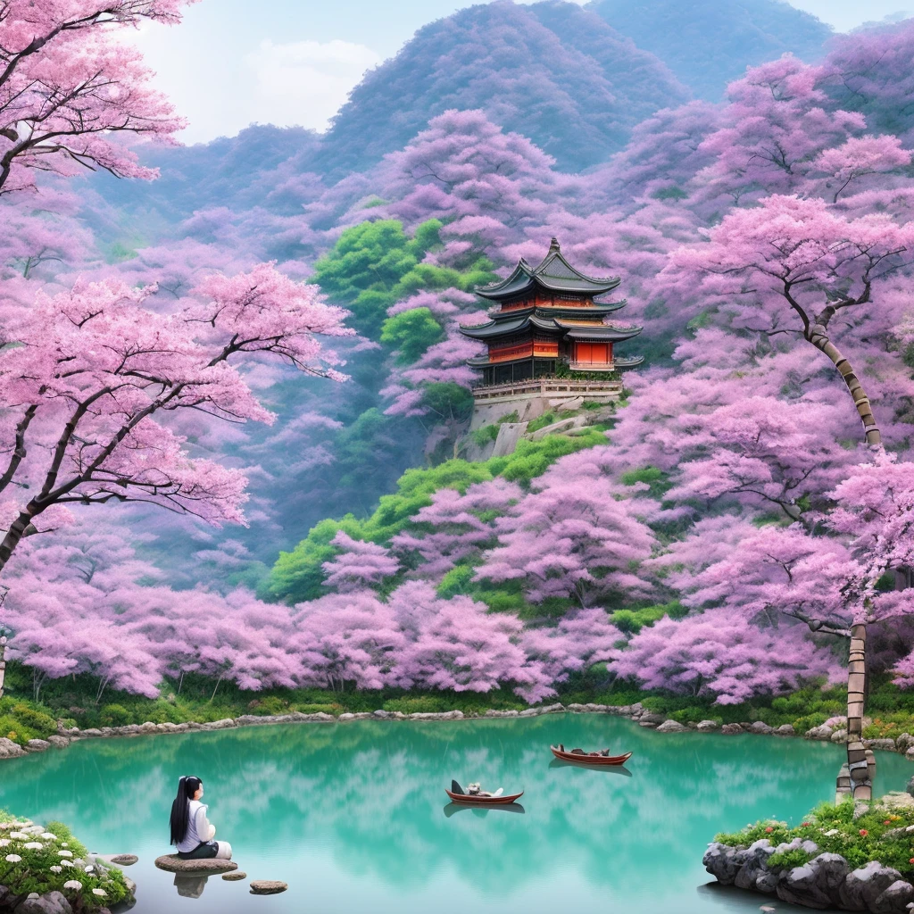 ((tachi-e)), original,(illustration:1.1),(best quality),(masterpiece:1.1), (extremely detailed CG unity 8k wallpaper:1.1),(ecchi0.5), (trees:0.5), (flowers:0.6) ,(birds:0.2), (bamboo0.1), lakes,(panorama shot:1.4),(full body:1.05),(solo:1.2), (ink splashing),(color splashing),((watercolor)), clear sharp focus,{ 1girl },((chinese style )),(flowers,woods),outdoors,rocks, looking at viewer, make happy expressions,soft smile,pure,beautyfull detailed face and eyes,beautyfull intricacy clothing decorative pattern details, black hair,black eyes,Hangzhou, wuchangshuo, wuchangshuo in background,((arms behind back)),sitting ,