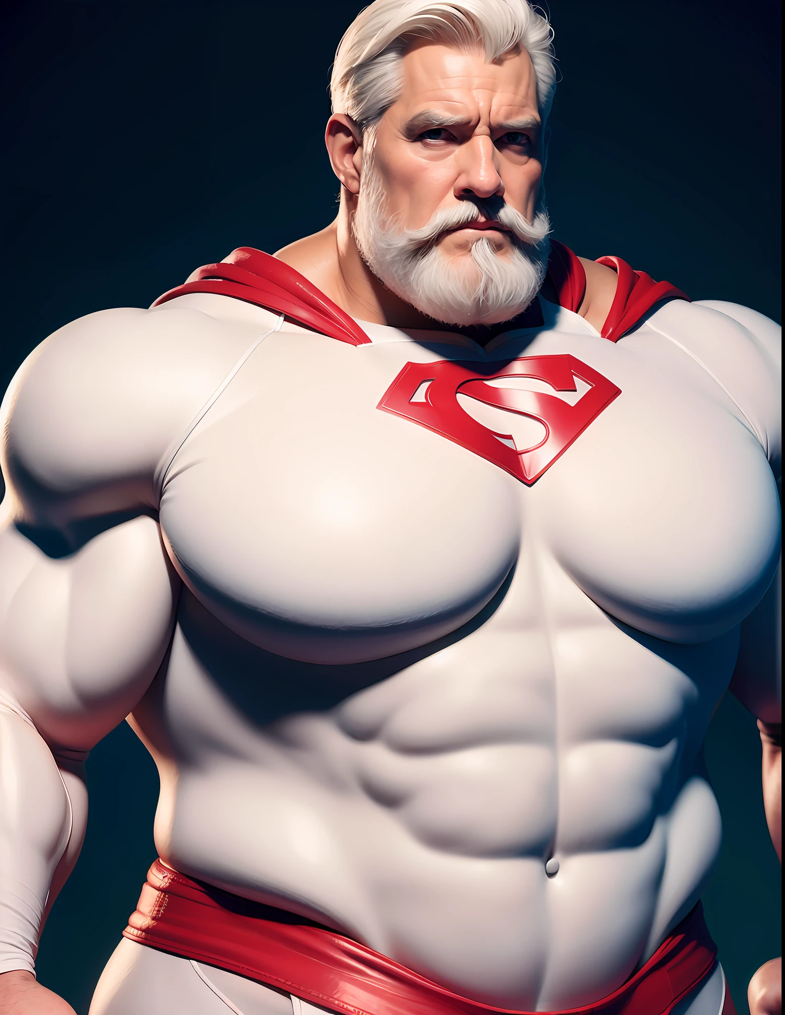 painted standup portrait of beefy older superman in white, white hair, white beard, masculine, mature, handsome, muscular, big round belly, intricate, digital painting, artstation, smooth, sharp focus, illustration