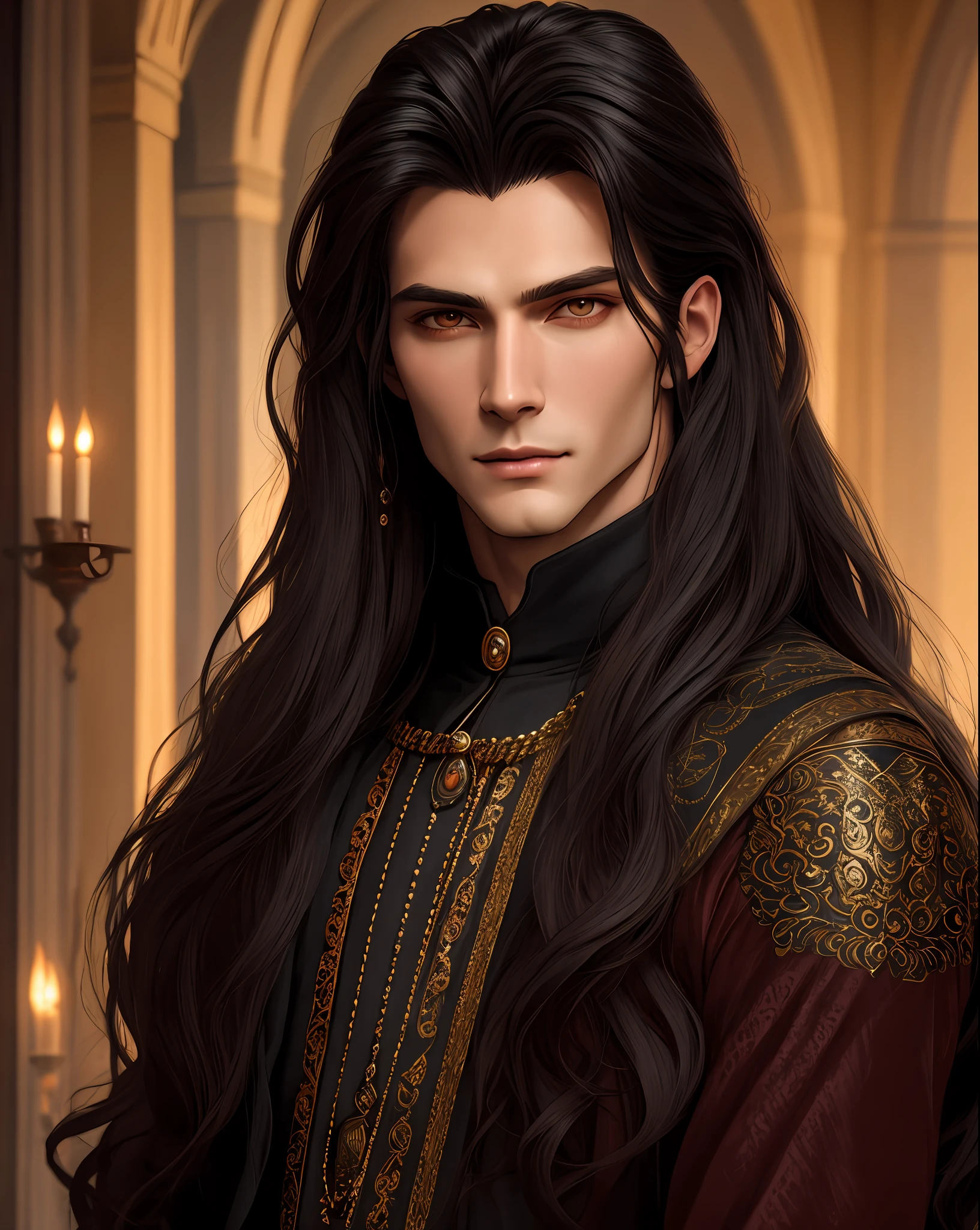 Handsome man, Handsome Vampire count male long dark hair, high cheekbones, fantasy plot, 16th century, art, illustration, cover, high quality long dark hair, medieval interior on the background, dark fantasy, art, illustration, 8k wallpaper, Amazing, finely detail, masterpiece, official art, extremely detailed CG unity 8k wallpaper, absurdres, incredibly absurdres, ultra-detailed, extremely detailed, beautiful detailed man, extremely detailed eyes and face, beautiful detailed eyes, light on face, cinematic lighting,(best quality:1.0), (ultra highres:1.0), (detailed beautiful man:0.8)