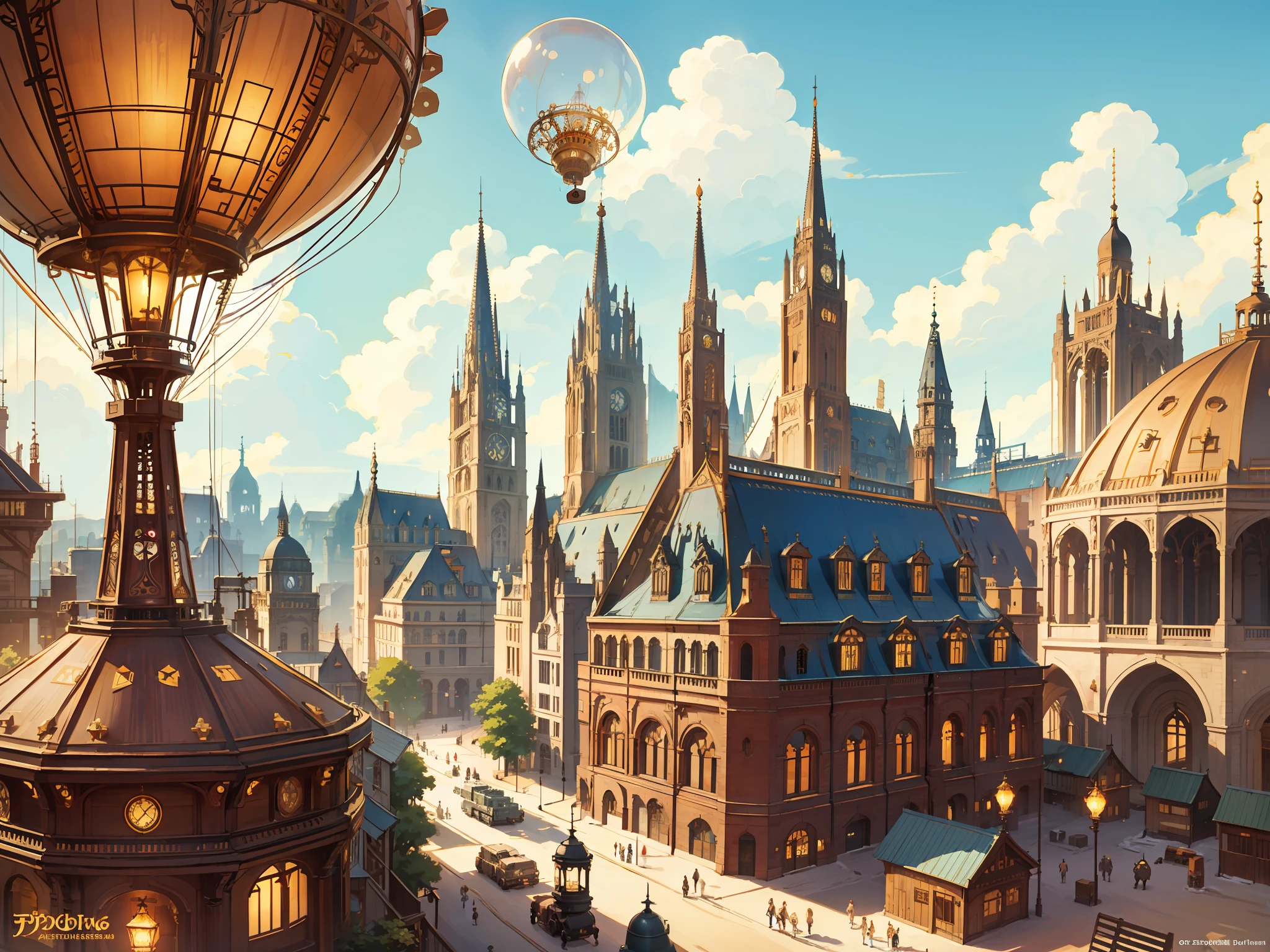 at the steampunk world fair, giant shiny machines and gears and pipes and balloons, victorian wood and white architecture, beautiful, vivid, sunny, anime movie still, ghibli style, --v 6