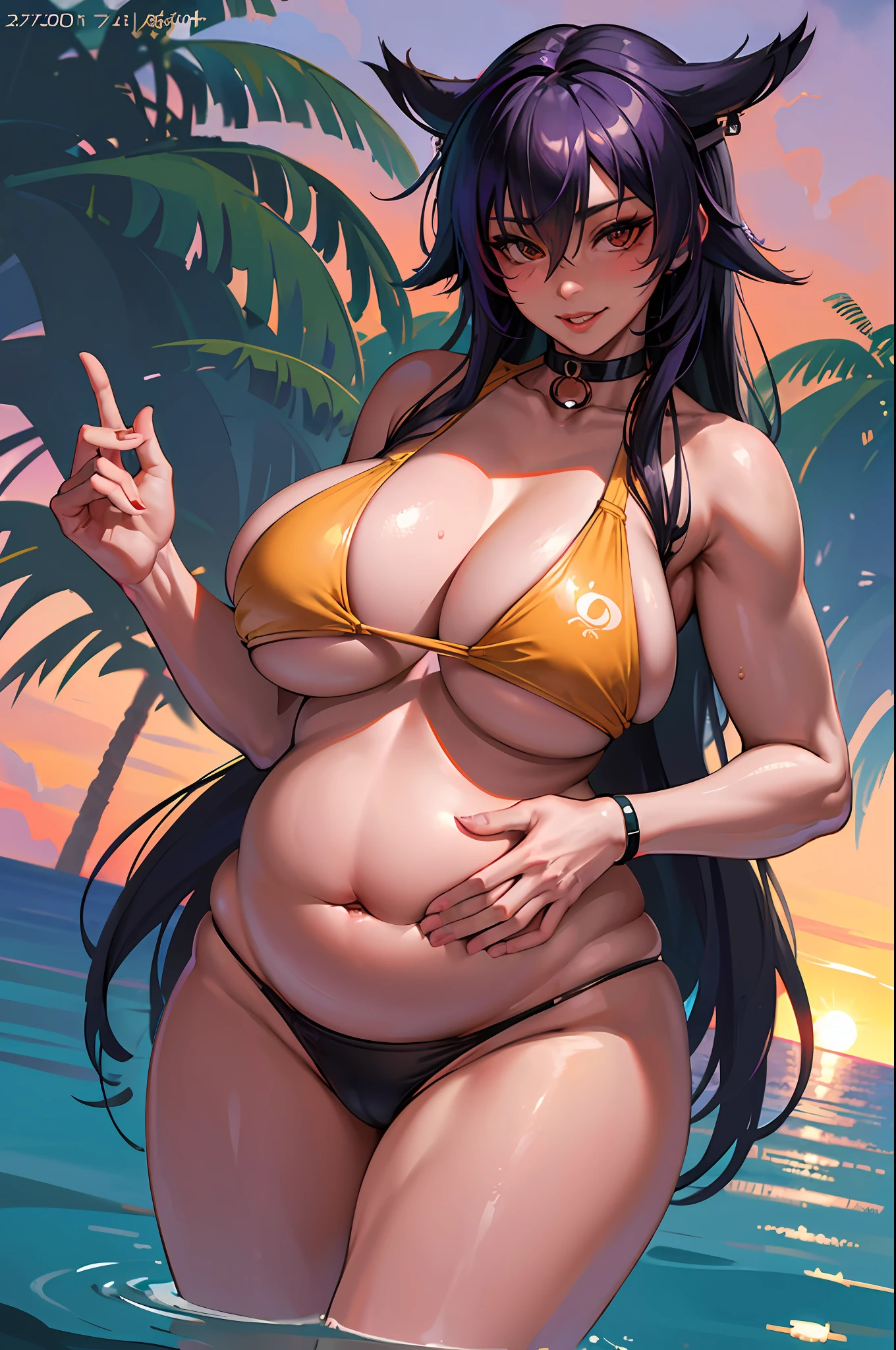 best quality, masterpiece,masterpiece, highest quality, solo focus, (fat Yoruichi Shihouin :1.6) , solo, cleavage, wide hips, thick thighs, lips, (enormous boobs:1.8), detailed background, cinematic lighting,standing,tight one piece bikini,smile, 8k, best quality, masterpiece, illustration, extremely detailed ,CG ,unity ,wallpaper, (realistic, photo-realistic:1.37),Amazing, finely detail, masterpiece,best quality,official art, extremely detailed CG unity 8k wallpaper, absurdres, incredibly absurdres,bright color, flashy,powerfull color, makeup, detailed fingers, HDR,HD, realistic shadows , choker, plants, big booty,(fat belly:1.6), wet, flip flops, standing in the water, river, trees , sunset, sunglasses, holds her fat belly