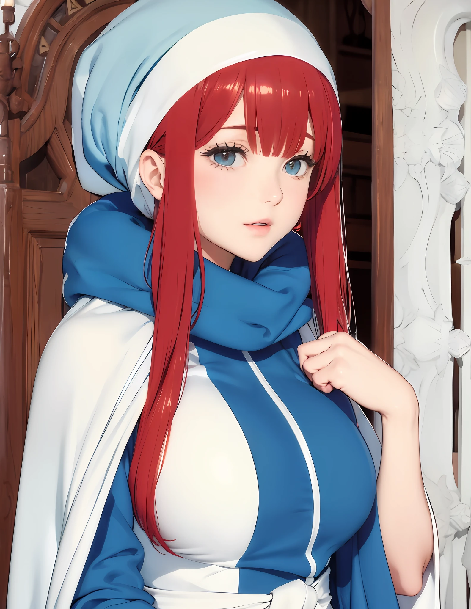 Beautiful woman, white headscarf, blue clothing, upper body,anime,mature, red and white robe