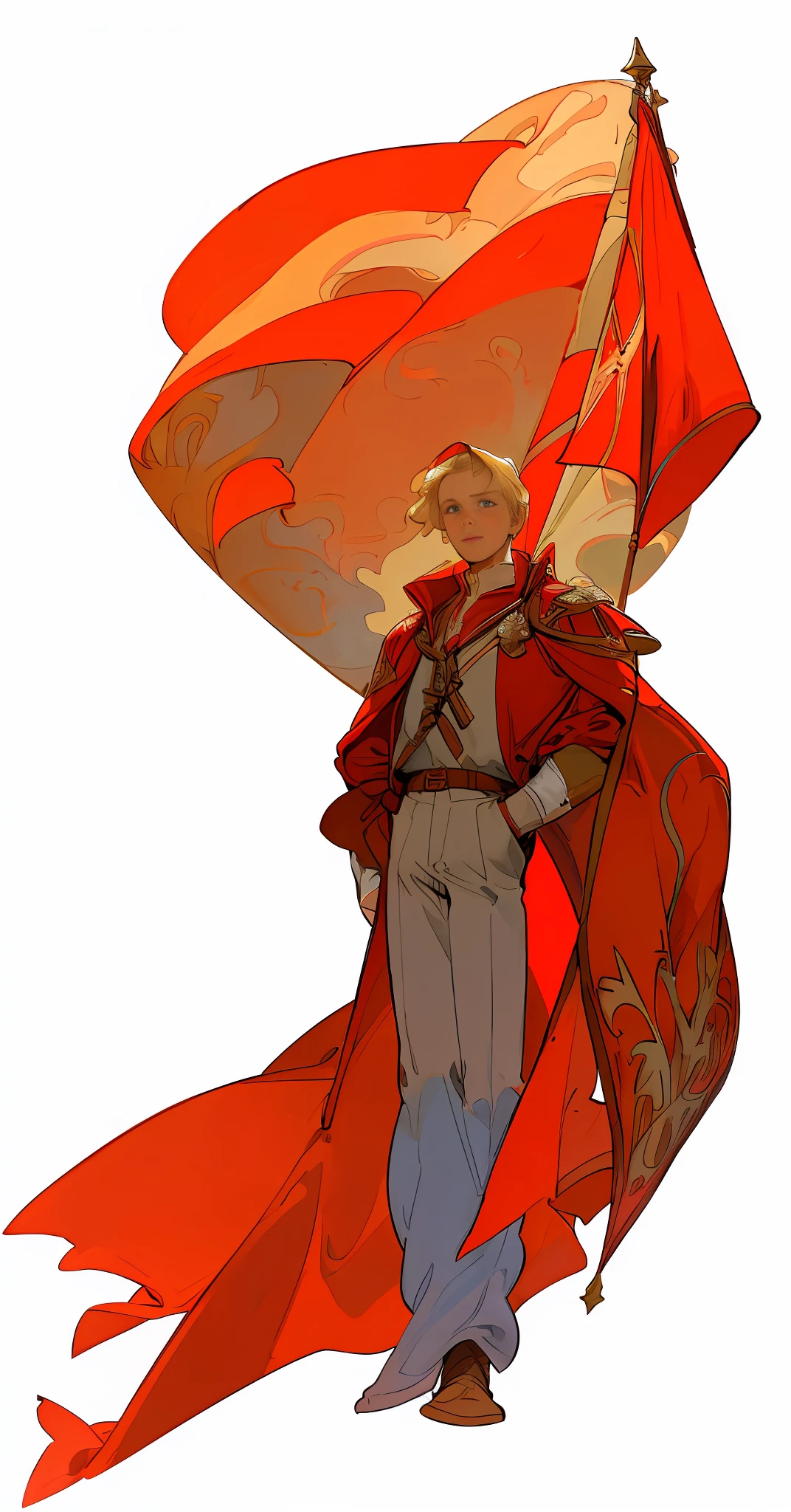 Mucha, Frontal Portrait, full body, blond long hair, handsome boy, outdoors, backlight, medieval, France, holding red flag, red, blue, white, trousers, red short coat, highly detailed face, looking up, talking expression, hand down