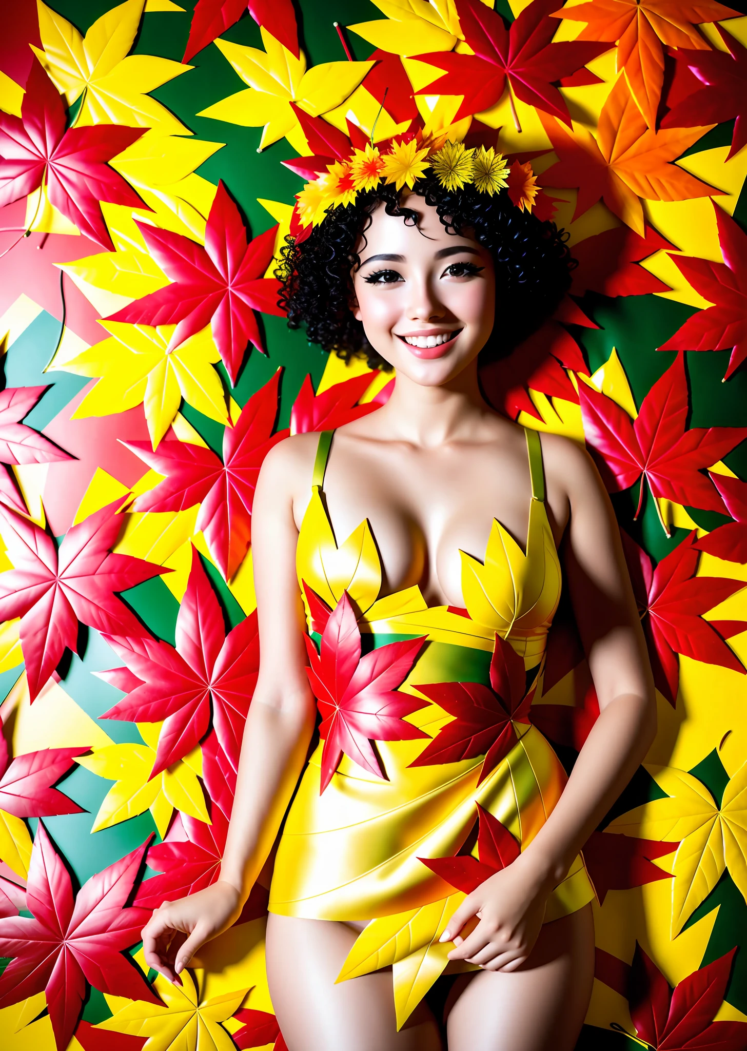 Fashion model photography, big maple leaves layered on top of the leaf dress, big maple leaves in various shapes and colors, strong sense of design, medium shot, French girl, short hair, hair accessories, delicate skin, smiling, The background is Paris, high texture, natural light