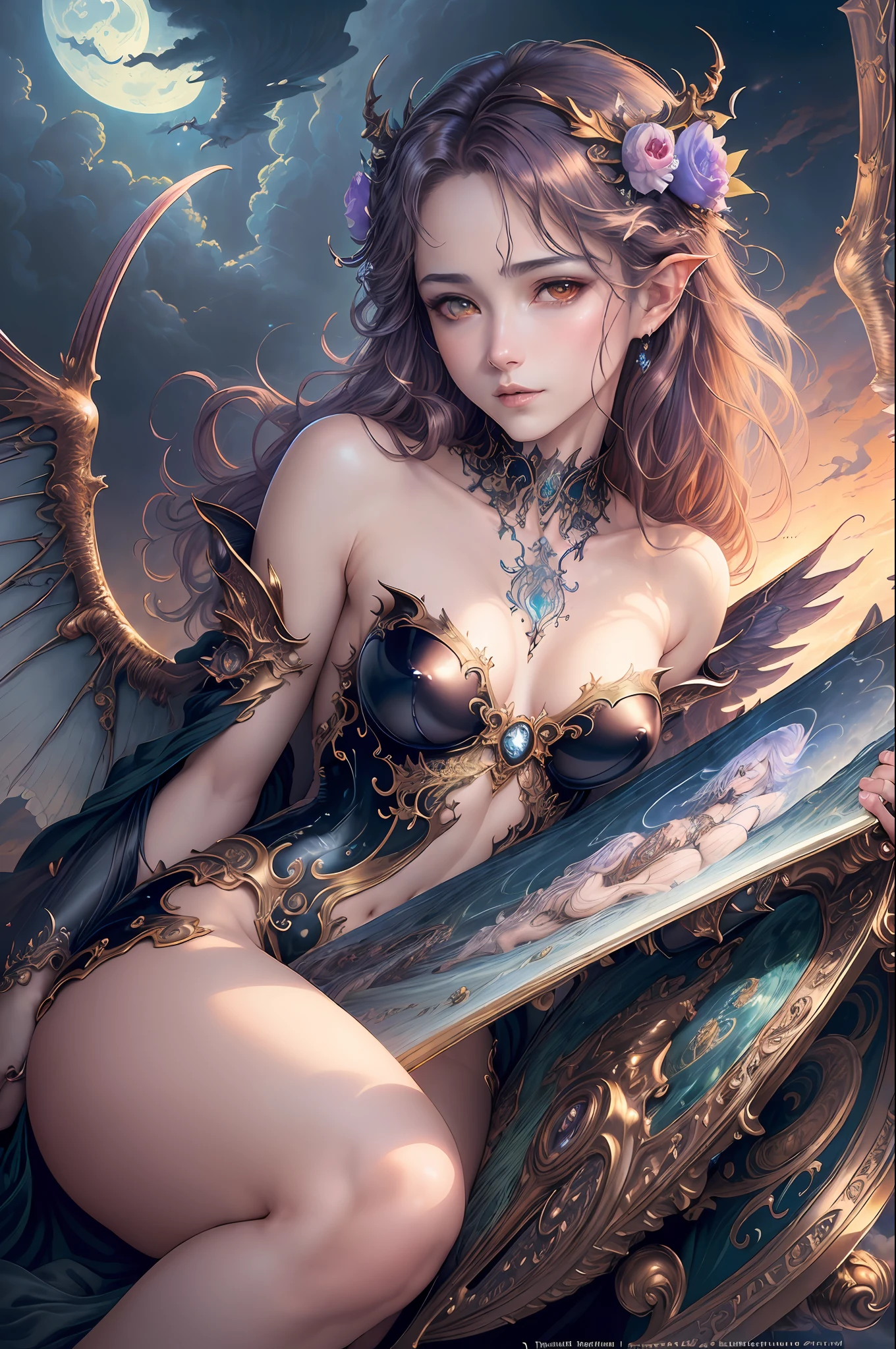 ((best quality)), ((masterpiece)), (detailed), alluring Incubus, ethereal beauty, perched on a cloud, (fantasy illustration:1.3), enchanting gaze, captivating pose, delicate wings, otherworldly charm, mystical sky, (Luis Royo:1.2), (Yoshitaka Amano:1.1), moonlit night, soft colors, (detailed cloudscape:1.3), (high-resolution:1.2)
