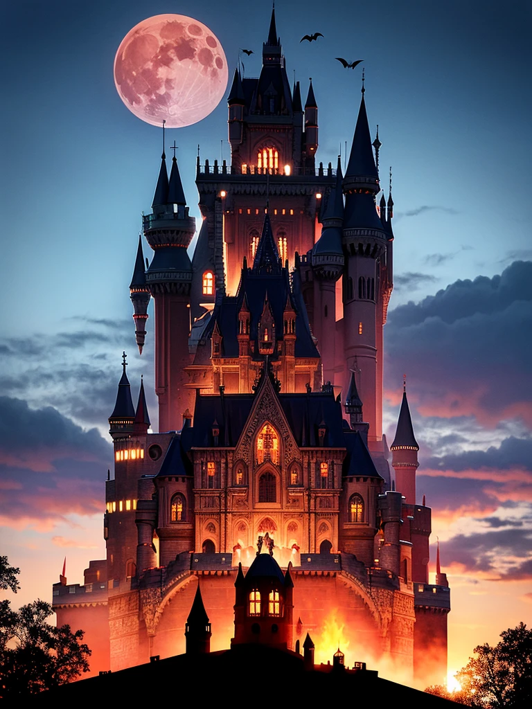 Front right view, closeup, castle floating in the air, vampire, bat, blood moon, vampire lair horror, Castlevania, creepy atmosphere HDR, surrealism, ((intricate detail)), ((intricate detail, ultra detailed)), cinematic, volumetric lighting, high resolution