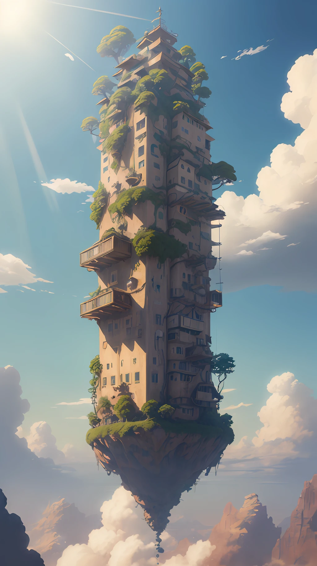(((Laputa))), floating in ((air)), Hayao Miyazaki style, Studio Ghibli, Unreal Engine 5, ((clouds)), ((sunlight)), ultra-detailed, most Good picture quality.