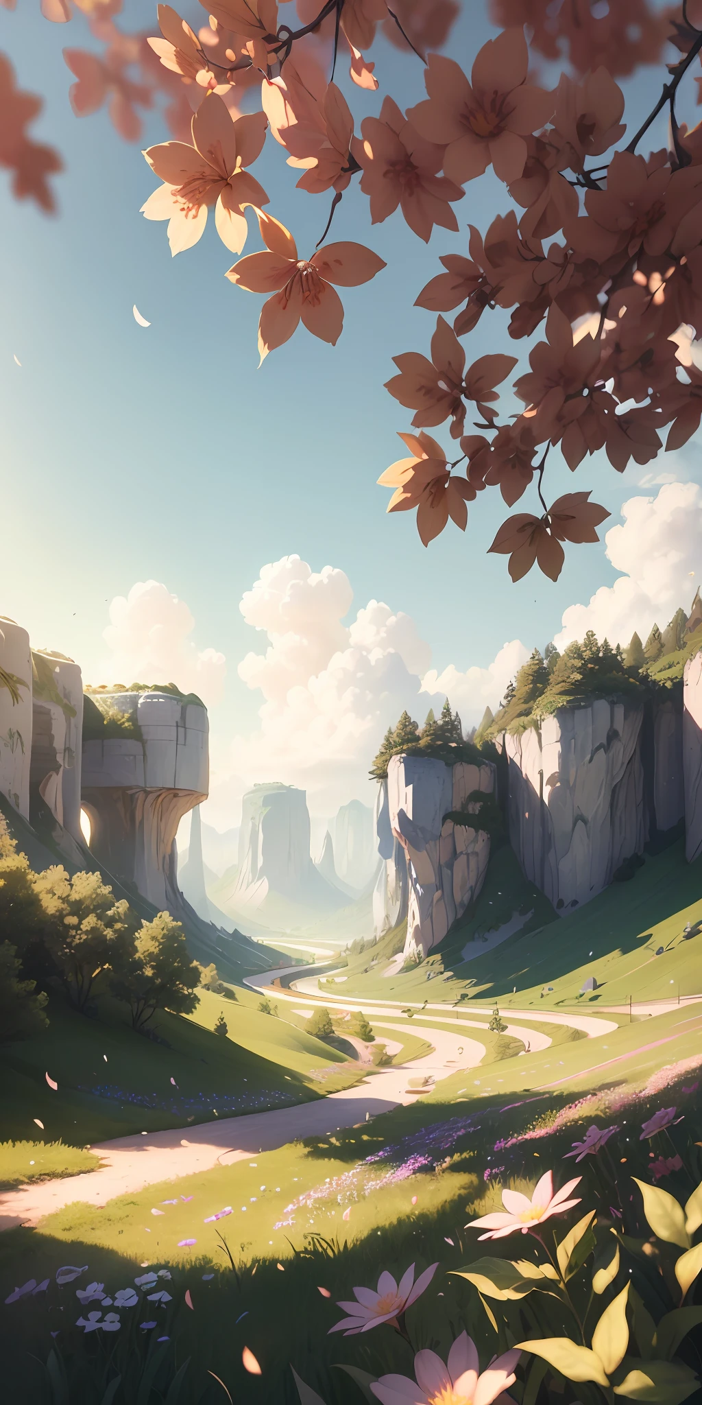 Masterpiece, best quality, (very detailed CG unity 8k wallpaper) (best quality), (best illustration), (best shadows) nature valley delicate leaves petals of various colors falling in the air Ray tracing, ultra detailed --v6