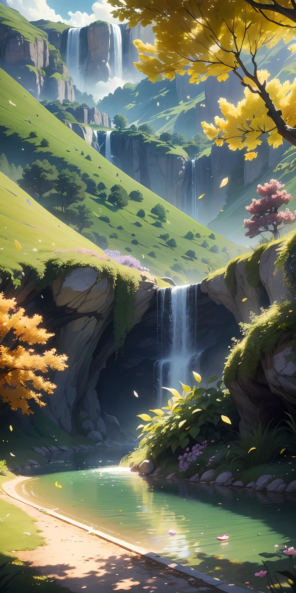 Masterpiece, best quality, (very detailed CG unity 8k wallpaper) (best quality), (best illustration), (best shadows) nature valley delicate leaves petals of various colors falling in the air Ray tracing, ultra detailed --v6