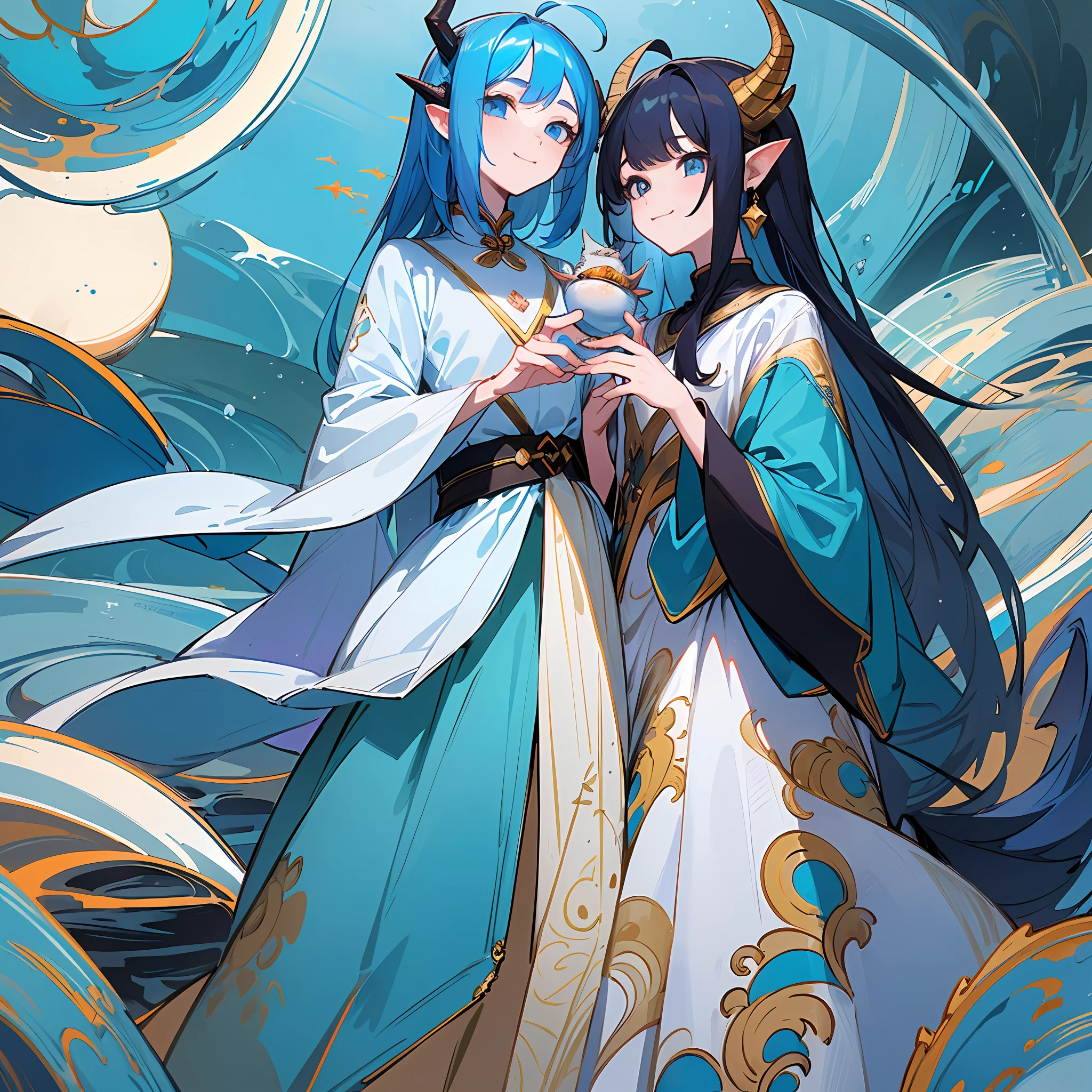 (best quality: 1.3), (masterpiece: 1.3), (illustration: 1.3), (super detailed: 1.3), (imid shot: 0.9), 1girl, solo, very young, upper body, short neck, small chest, Child (soaking in the stream: 1.2), dragon tail, girl, ahoge, blue eyes, jewel eyes, super thin eyes, super thin face, shut up, smile, water, fish, sea, horns, costumes, Donglong- -q 2 --v 6