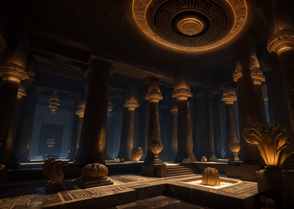 incredible black luxurious futuristic interior in Ancient Egyptian style with lotus flowers, palm trees, hieroglyphics, rocky walls, sand, marble, precious minerals, metals, gemstones, crystals, clouds and water, crocodiles, ultra luxury, black marble – with beautiful lights, Unreal Engine, HQ, 16k