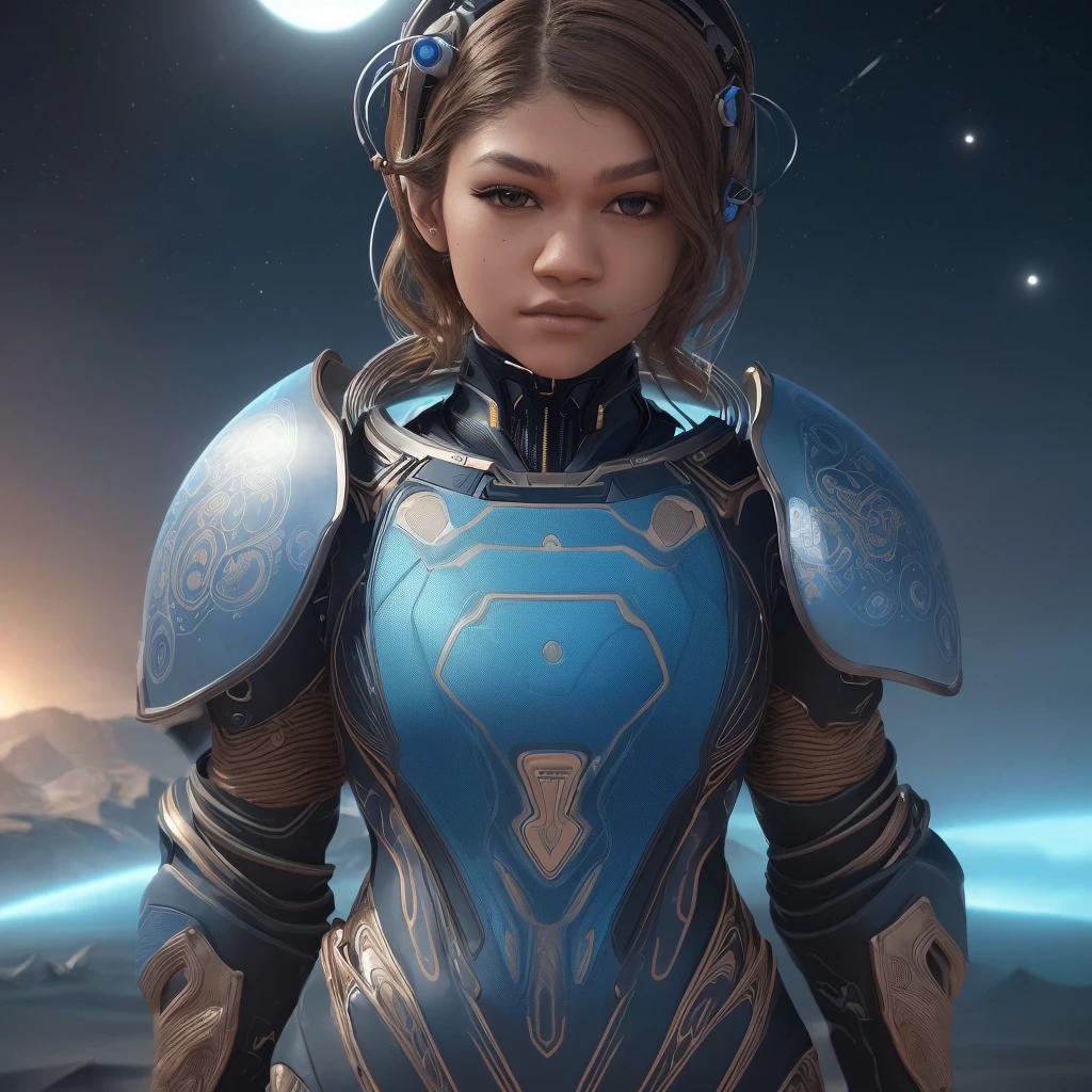 (Planet Dune), (Zendaya), (female portrait), (tube and wire suit), cleavage, small breasts, athletic figure, strong muscles, bright blue eyes, direct gaze, energy spear in hand, holes in the suit, desert with mountains in the background, film frame, , sharp focus, illustration, high detail, digital painting, concept art, artgerm, beautiful detailed intricate insanely detailed octane images popular on artstation, 8k art photography, photorealistic