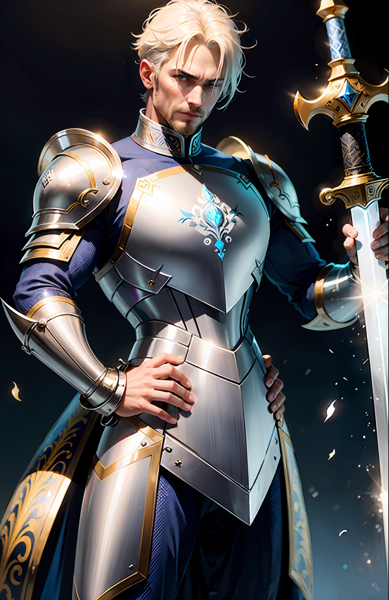A mature and handsome man with blue pupils, short yellow hair, a confident expression, wearing gorgeous silver armor with golden patterns all over the armor, exuding light blue luster, holding a huge sword, a paladin