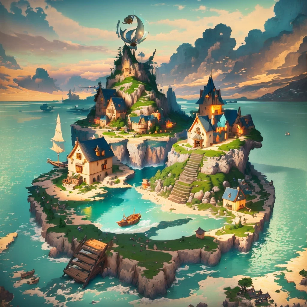 a fantasyinspired painting of a village on the shore, in the style of kawacy, rendered in cinema4d, bulbous, precise nautical detail, inventive character designs, whimsical cartoon-style, 32k uhd --ar 2:1