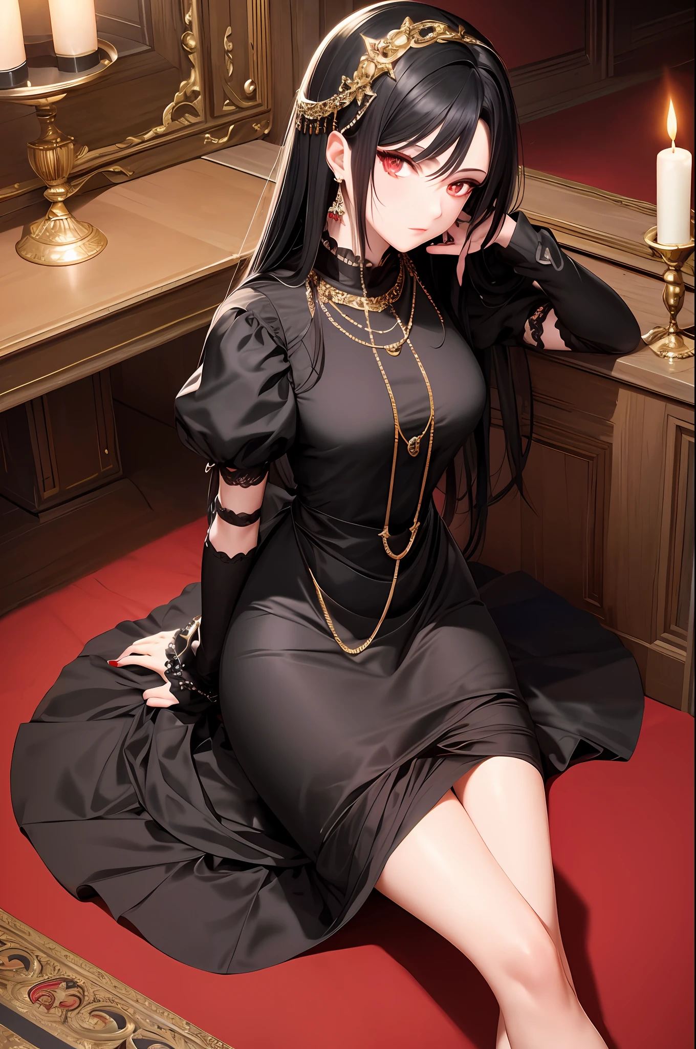 Masterpiece, Needle, 1lady, Beautiful, Black Hair, {Red Eye}, Black Forest, Firelight, Ackenberg Diamonds, Contempt, Regal Clothes, Highlight Your Hair, Gold Fussy Trim, Chain, Black Princess Dress, Sitting Down,