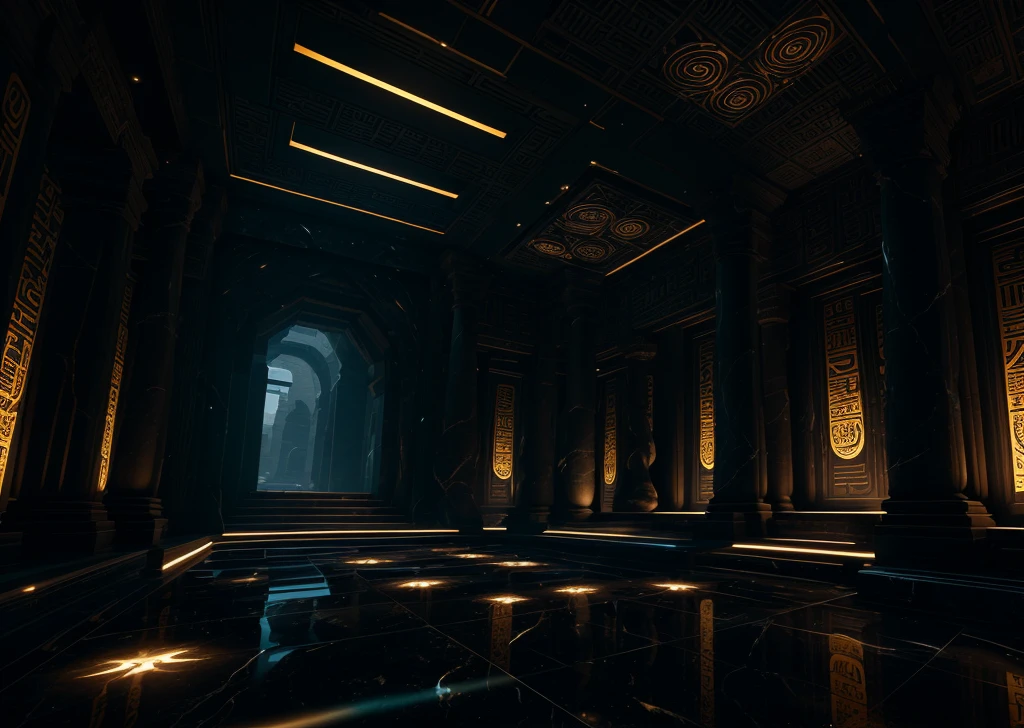 incredible black luxurious futuristic interior in Ancient Egyptian style with lotus flowers, palm trees, hieroglyphics, rocky walls, sand, marble, precious minerals, metals, gemstones, crystals, clouds and water, crocodiles, ultra luxury, black marble – with beautiful lights, Unreal Engine, HQ, 16k