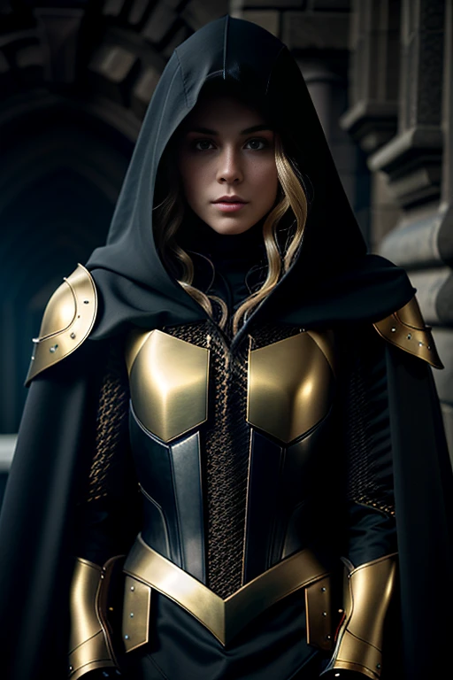 photorealistic and highly detailed image 35mm 8k professional photo of a young beautiful muscular woman with long wavy golden hair in black kevlar futuristic armor wearing a black hooded long cloak with gold embroidery on the front and crimson lining in cereline highly detailed elegant extremely detailed award winning photo, fantasy 8k cinematic lighting portrait photorealistic 4k very attractive beautiful high detail award winning fantastic look hyper realistic ultra detailed high definition sharp quality colorful hdr very cute cinematic post processing focused ultra realistic
