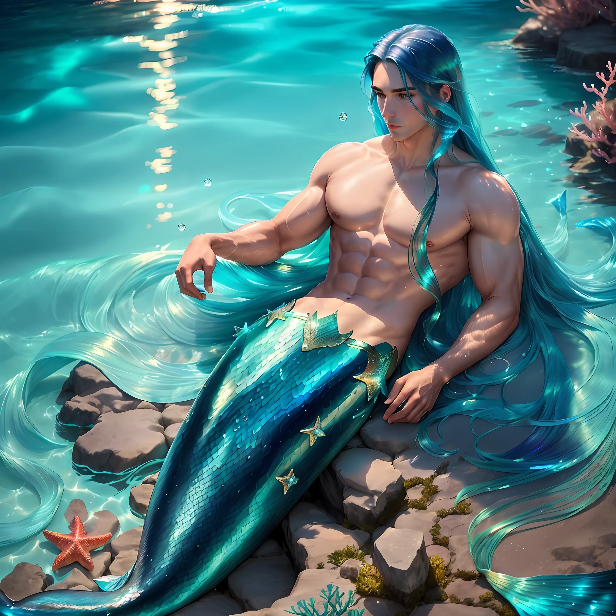 beautiful (man-mermaid) swims, (gazing attentively), blue-green water, sparkling light, (long hair:1.3) with iridescent scales and a strong, lithe tail, (well-defined muscles) glittering in the water, (alluring and captivating) facial features, careful and attentive expression, (enchanting and vibrant) fish and coral, (shimmering and translucent) bubbles, super high resolution, hd