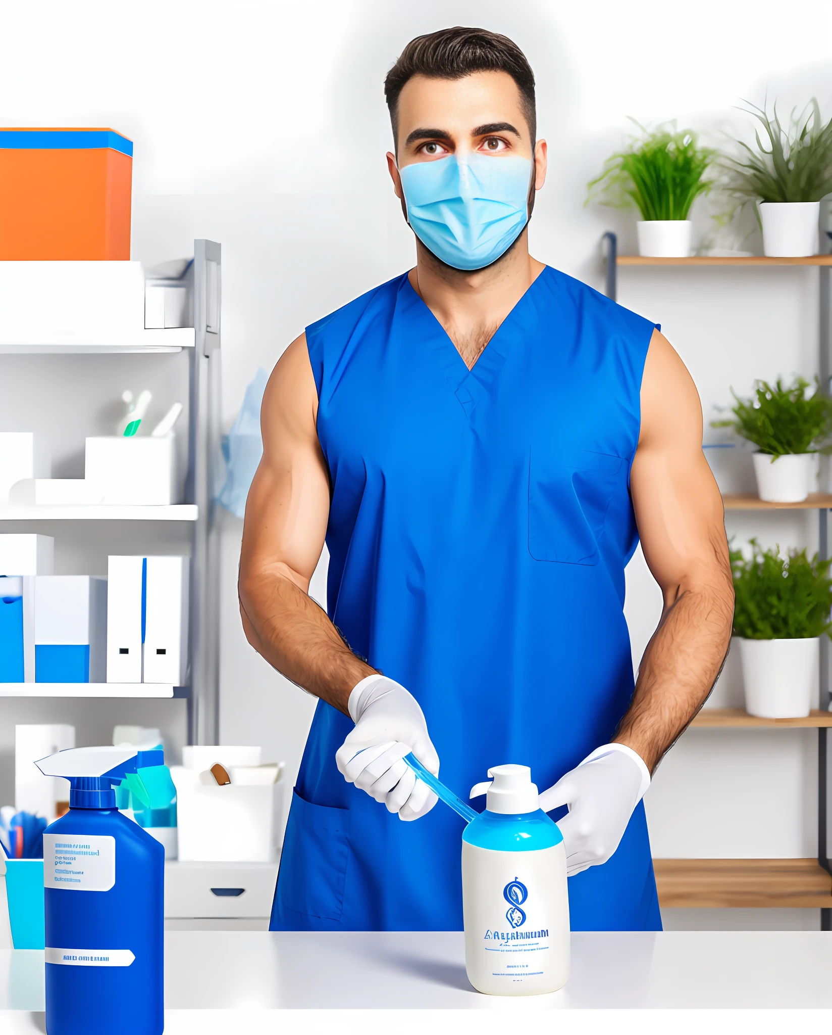 Alafist man in blue apron and mask cleans office, clean future, clean medical environment, clean and tidy, 8k clean future, 8k clean future, cleanest image, medical staff, in the background, clean face, very clean, Hold the spray in one hand and the rag in the other.