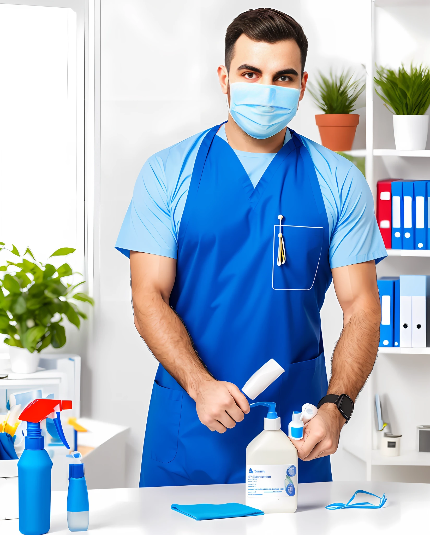 Alafist man in blue apron and mask cleans office, clean future, clean medical environment, clean and tidy, 8k clean future, 8k clean future, cleanest image, medical staff, in the background, clean face, very clean, Hold the spray in one hand and the rag in the other.
