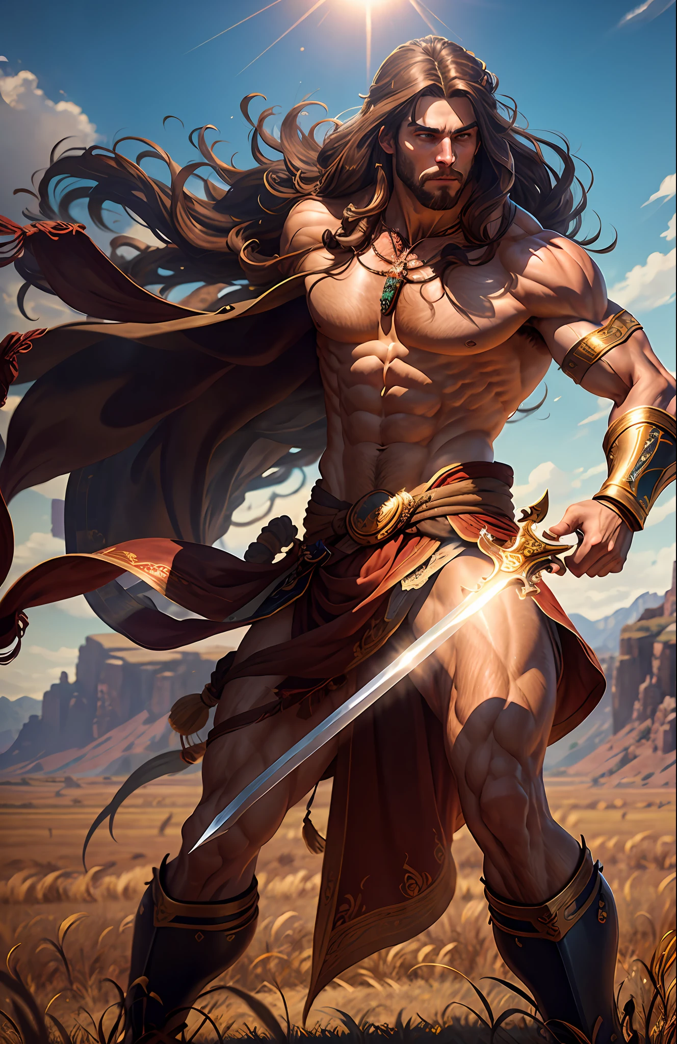 masterpiece, highest quality, solo focus, (perfect face:1.1) , (high detail:1.1), (dramatic, 1.5), (long brown hair:1.3) action shot, strong legs, 1 muscular male, wearing red loincloth:1.3, gold jewelry:1.3, long brown hair:1.3, holding long sword 1.2), (in open plains, daytime, bright light:1.3), young men, battle stance, hyper detailed, digital art, studio quality, smooth render, unreal engine 5 render, octane render, 8K