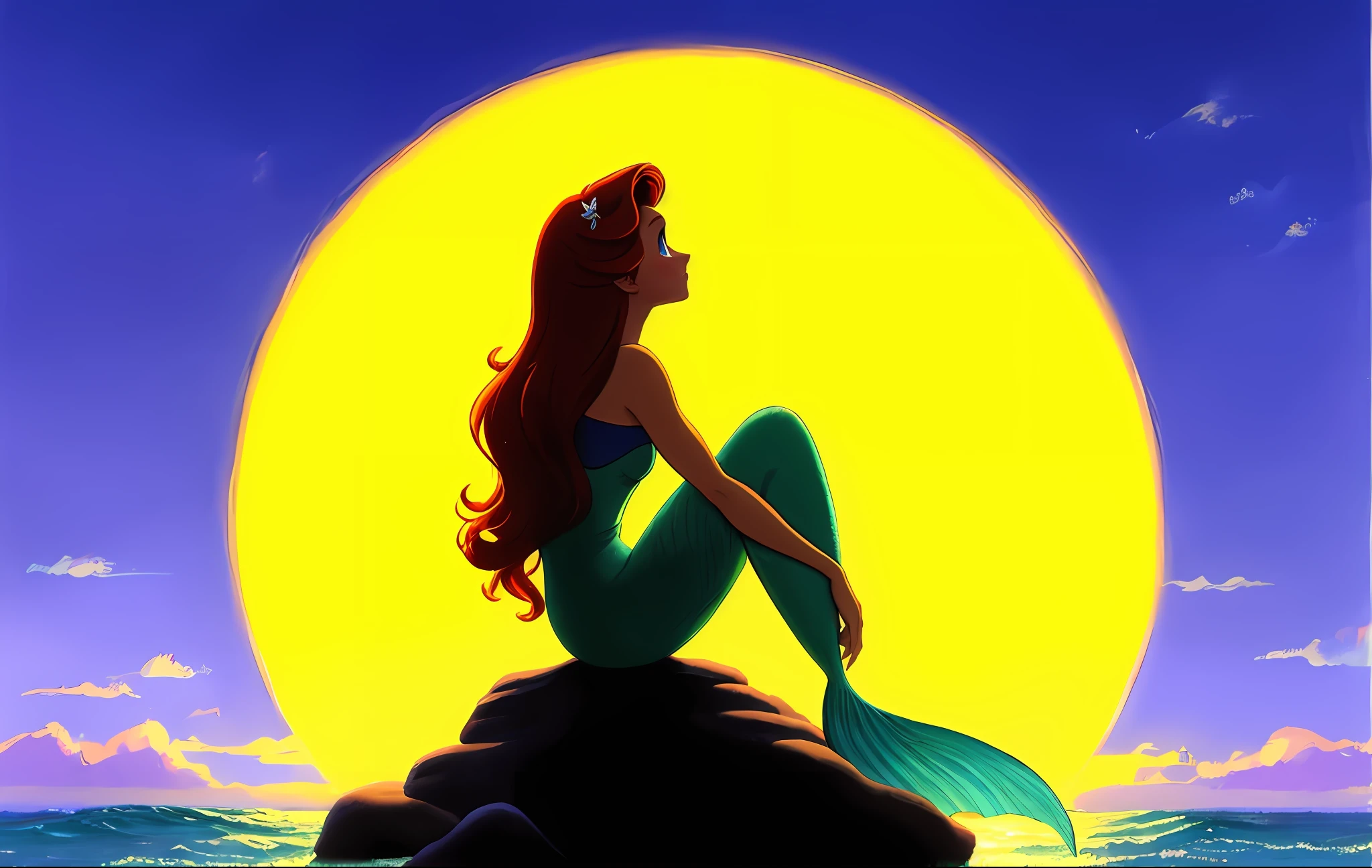 a painting of a mermaid sitting on top of a rock in the ocean, little mermaid, the little mermaid, ariel the little mermaid, princess ariel, disney!!, mermaid, beautiful mermaid, by Glen Keane, disney!!!!, art in the style of disney, mark schultz, disney art, in style of disney animation, disney's princess, disney character, large)}]