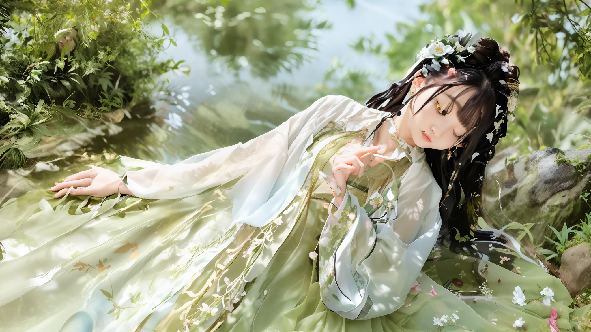Green dress, woman, flower, water flow, clavicle, eyes closed, half submerged in water, headgear, jade pendant, flowing, Hanfu, beautiful face, hair accessory, lips, skirt, hair accessory, necklace, jewelry, (absurd long hair :1.4), Earrings, Hanfu, Architecture, East Asian Architecture, Hanfu, (realistic: 1.4), super high resolution, best quality, blushing with shame, strands of hair, (expressive hair: 1.4) , perfect body proportions,