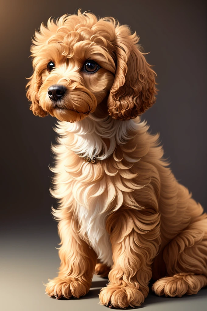 Very cute cavoodlepup illustration, 8k resolution, high resolution, super detailed, clear focus on brown poodle and very detailed character design. The use of rim lights, soft lights and sun flares should add depth and mood to the image. A fluffy, foggy, light gold floral background with a subtle mist effect is ideal, adding a touch of mystery to the illustration. Vibrant The colors should be used to bring the puppy to life, emphasizing the puppy's fluff and character.