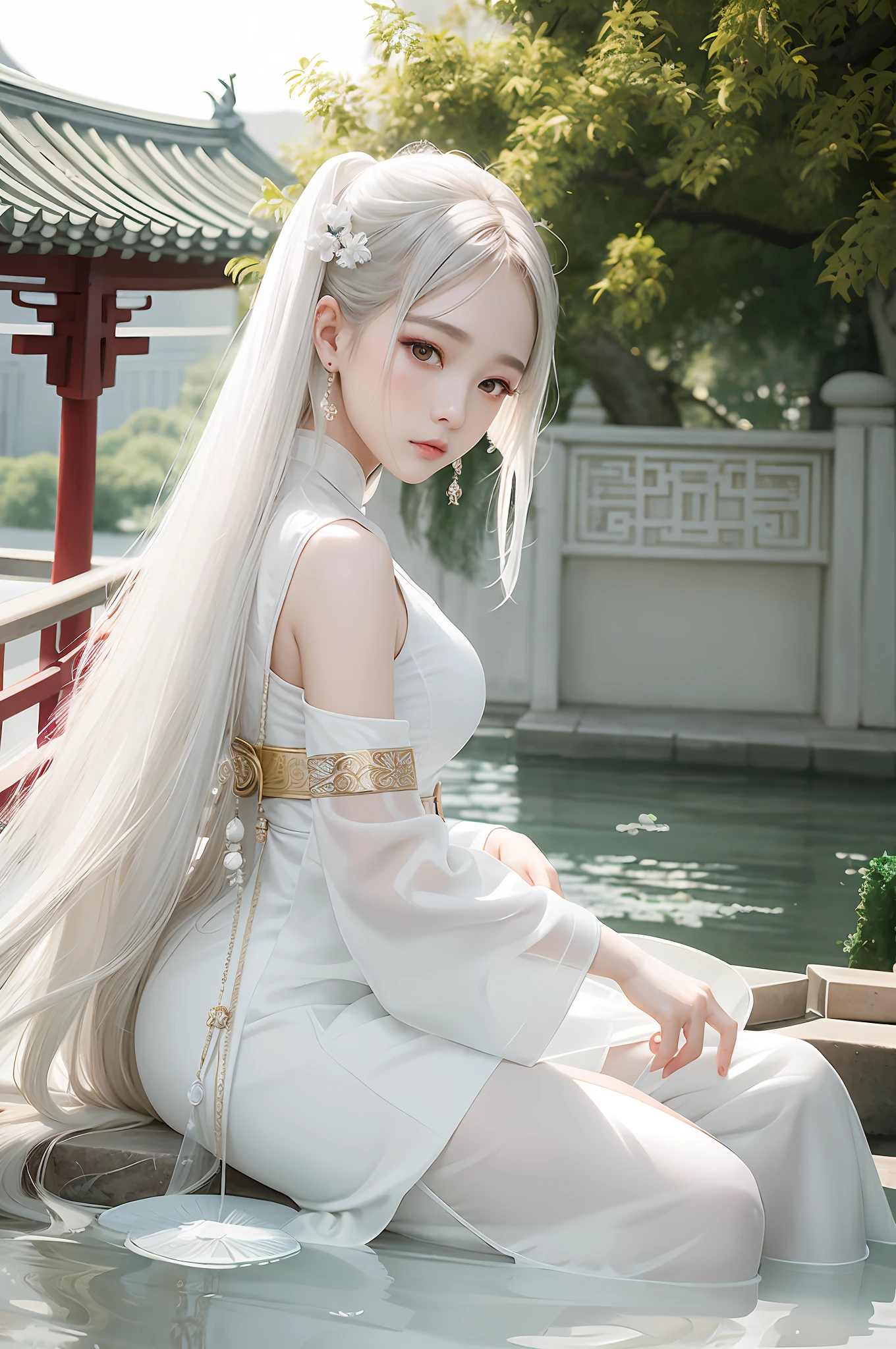Fair skin, melancholy eyes, palace, girl in Hanfu, beautiful figure painting, white Hanfu, watery eyes, looking at the viewer, skirt, jewelry, black hair, long hair, earrings, closed mouth, Chinese architecture, vase, 8k , pagoda, through clothing, willow leaf eyebrows, riverside, jade bracelet, simplicity, jewelry