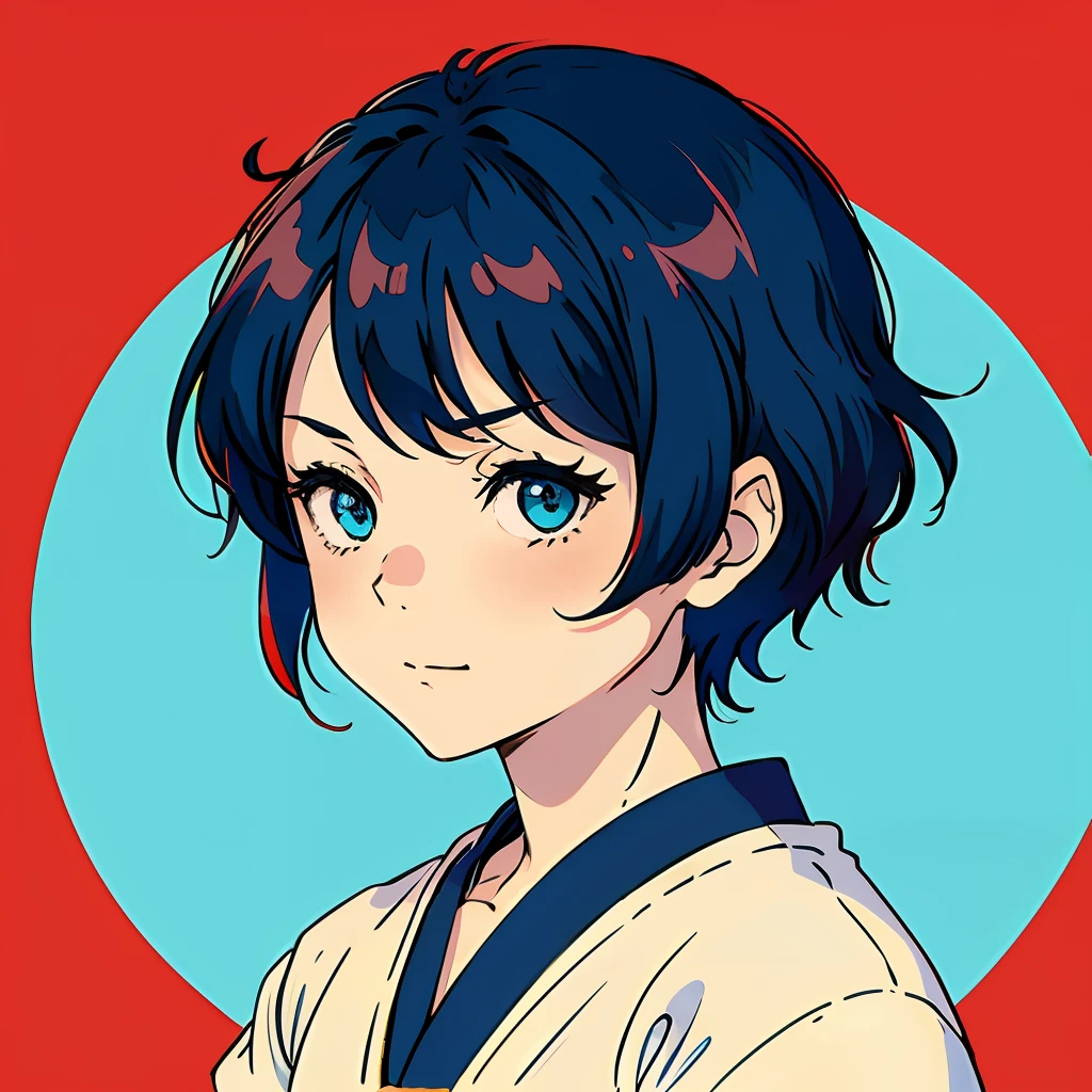 ghibli style, Miyazaki Hayao, 1loli, aqua blue eyes, red hair, roguish smirk, sky background, looking at viewer, shirt, short hair, simple background, solo, upper body, cute , portrait