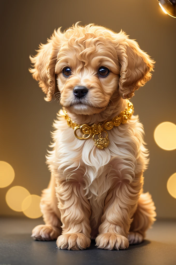 Very cute cavoodlepup illustration, 8k resolution, high resolution, super detailed, with a clear focus on the very detailed character design of the ultra high definition golden plush poodle. The use of rim lights, soft lights and sun flares should add depth and mood to the image. A fluffy, misty light gold floral background with a subtle mist effect is ideal, adding a touch of mystery to the illustration. Vibrant Color should be used to bring the puppy to life, emphasizing the puppy&#39;s fluff and character.