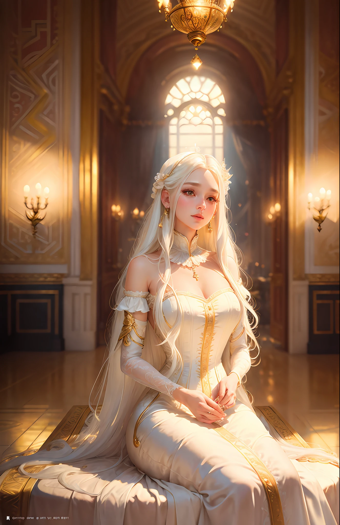 masterpiece, highest quality, solo focus, (perfect face:1.1) , (high detail:1.1), (romantic, 1.5), (long White hair:1.3) novel cover, delicate legs, 1 delicate woman, Wearing a beautiful white Victorian dress:1.3, gold jewelry:1.3, long White hair:1.3, Holding a candle lamp 1.2), (In a beautiful palace, daytime, bright light:1.3), young Women, longing posture, hyper detailed, digital art, studio quality, smooth render, unreal engine 5 render, octane render, 8K, Girl with European and Korean features, 1800 dress,