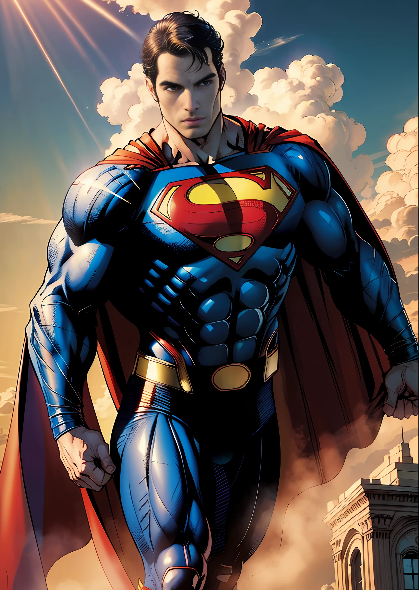 (henry cavil as superman), (Art by Jim Lee) magnificent sky background, dramatic, gorgeous, award winning, masterpiece,