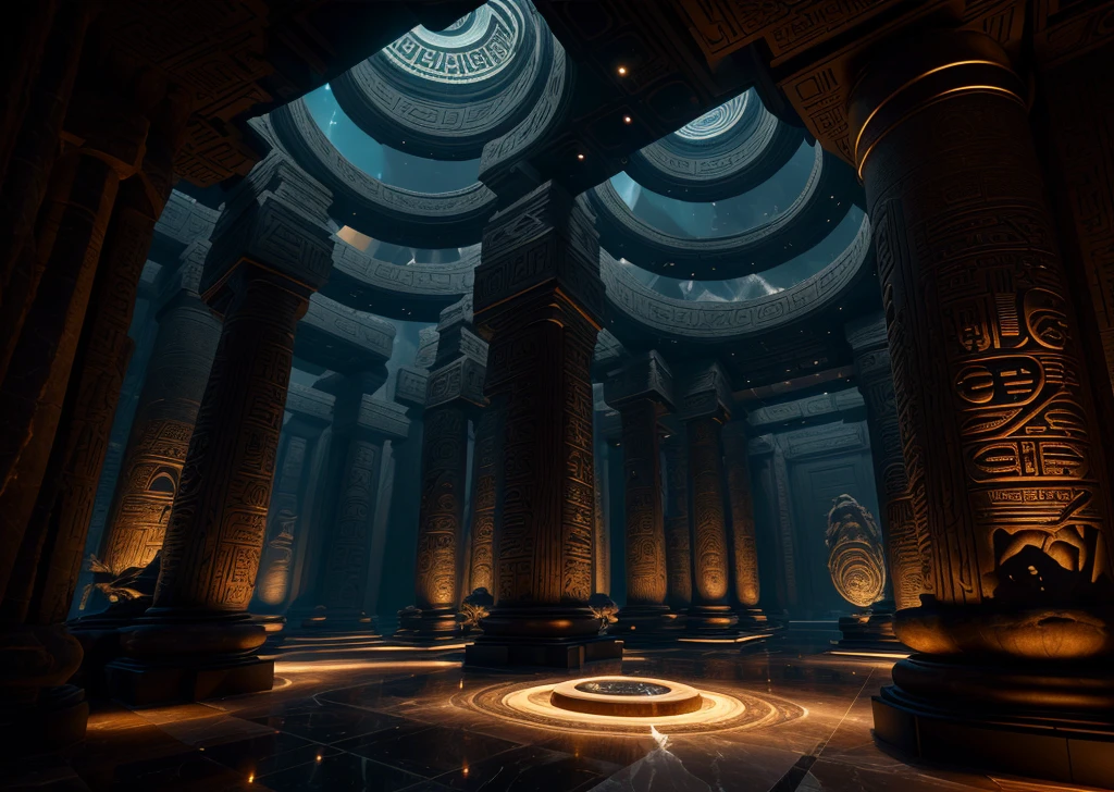 incredible black luxurious futuristic interior in Ancient Egyptian style with lotus flowers, palm trees, hieroglyphics, rocky walls, sand, marble, precious minerals, metals, gemstones, crystals, clouds and water, crocodiles, ultra luxury, black marble – with beautiful lights, Unreal Engine, HQ, 16k