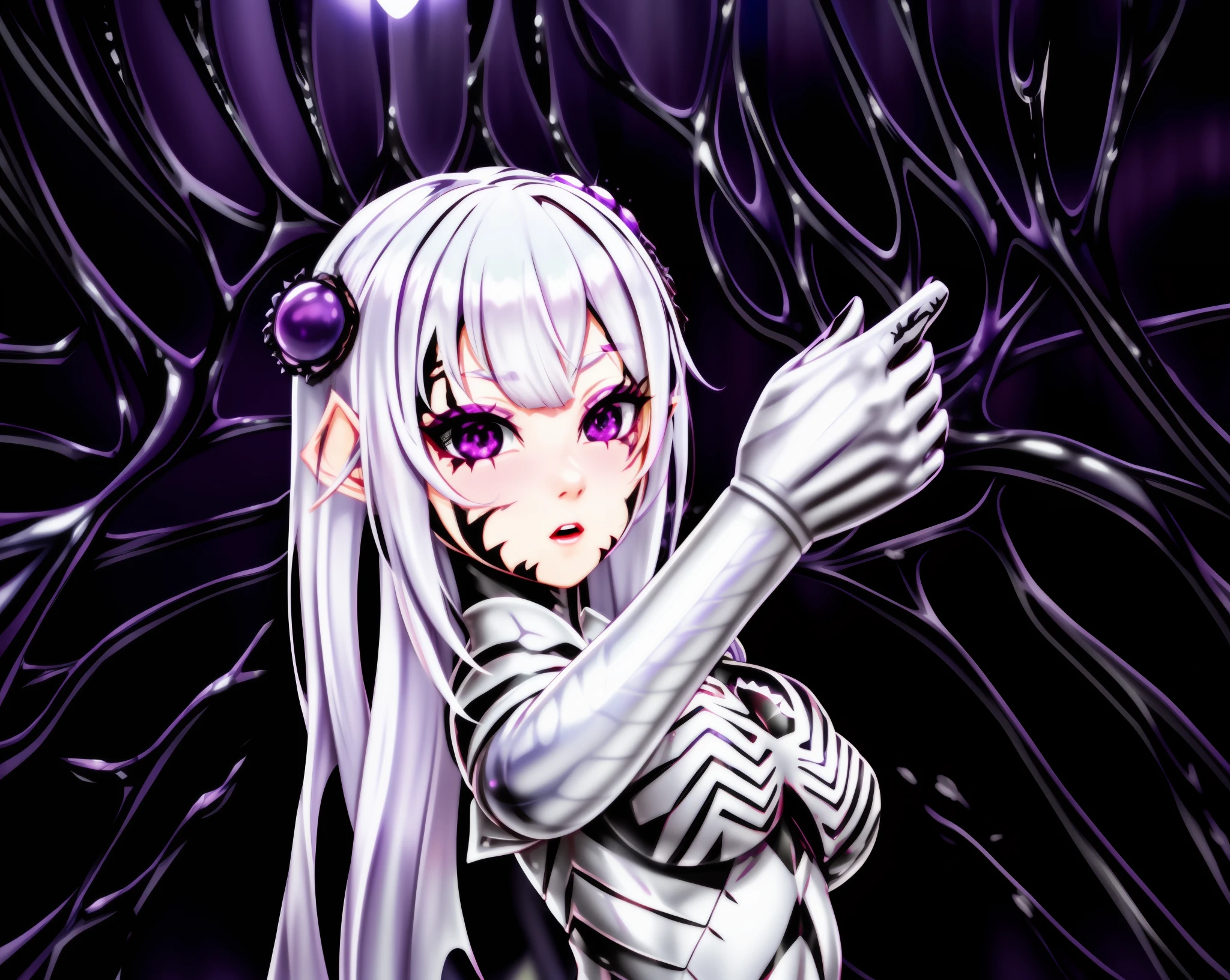 Emilia, symbiote, girl, medium breast, elf, purple eyes, white hair, scared, beautiful face, 4k