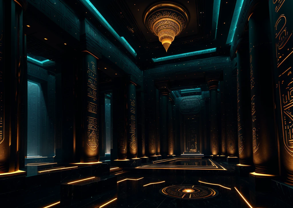 incredible black luxurious futuristic interior in Ancient Egyptian style with lotus flowers, palm trees, hieroglyphics, rocky walls, sand, marble, precious minerals, metals, gemstones, crystals, clouds and water, crocodiles, ultra luxury, black marble – with beautiful lights, Unreal Engine, HQ, 16k