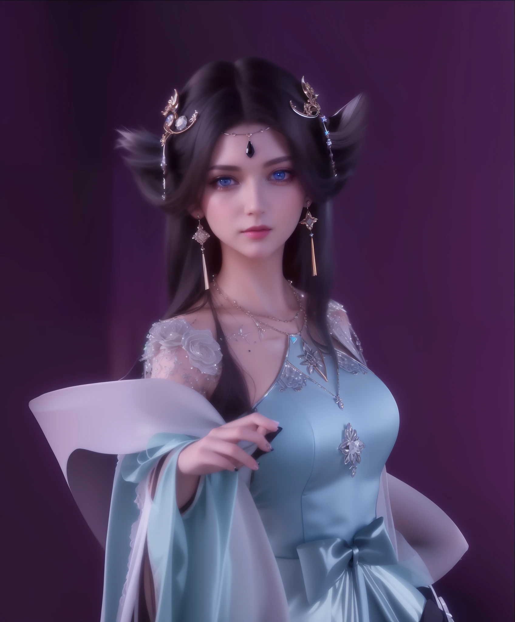 best quality, masterpiece, high_res, 1girl, hair ornament, necklace, jewelry, Beautiful face, tyndall effect, photo realistic, rim lighting, two tone lighting, (high detailed skin:1.2), 8k uhd, dslr, soft lighting, high quality, volumetric lighting, candid, Photograph, high resolution, 4k, 8k, Bokeh, medium breasts, absurdres, white hair color, view of the body from head to knees, blue eyes color, black color dress,
