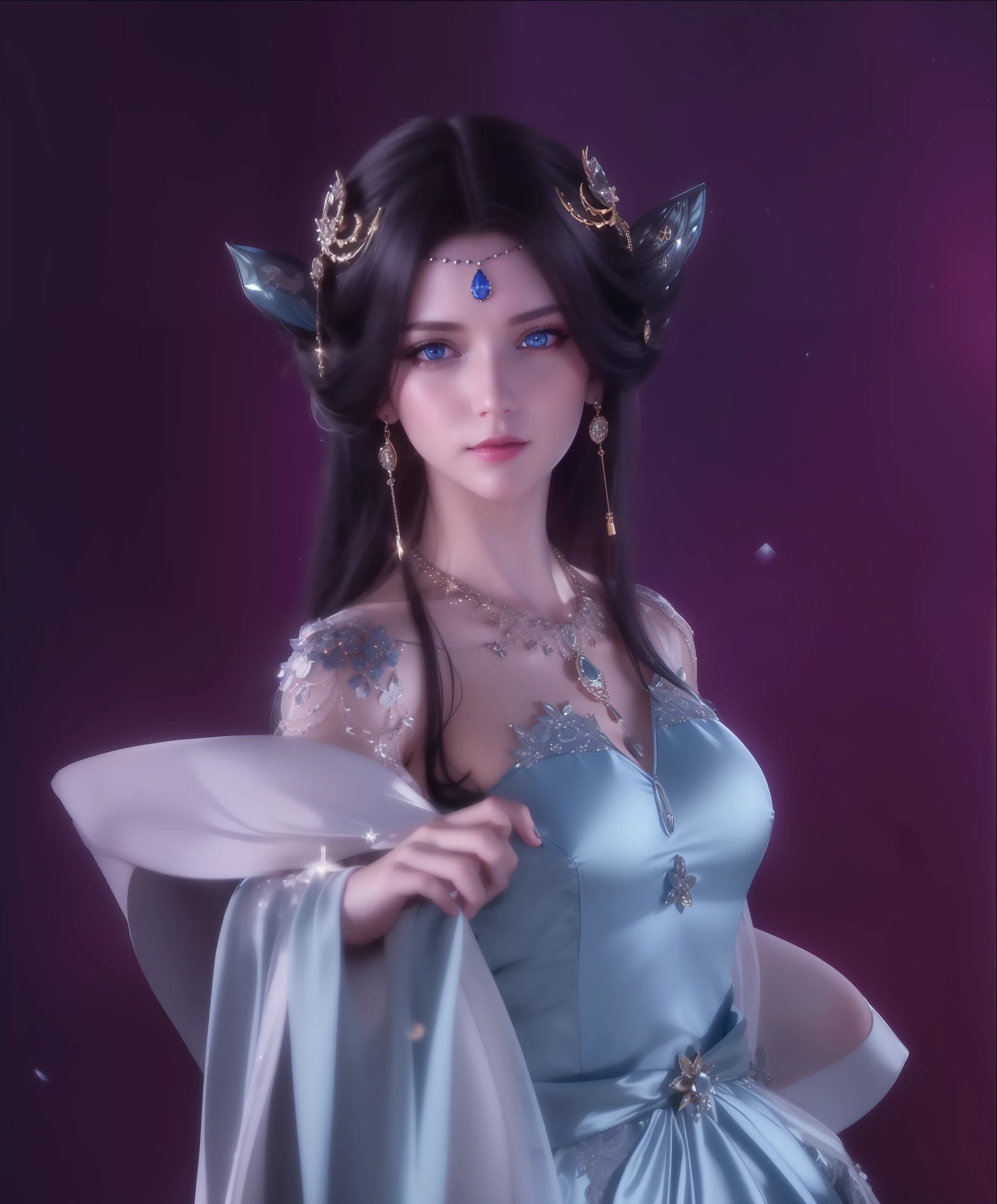 best quality, masterpiece, high_res, 1girl, hair ornament, necklace, jewelry, Beautiful face, tyndall effect, photo realistic, rim lighting, two tone lighting, (high detailed skin:1.2), 8k uhd, dslr, soft lighting, high quality, volumetric lighting, candid, Photograph, high resolution, 4k, 8k, Bokeh, medium breasts, absurdres, white hair color, view of the body from head to knees, blue eyes color, black color dress,