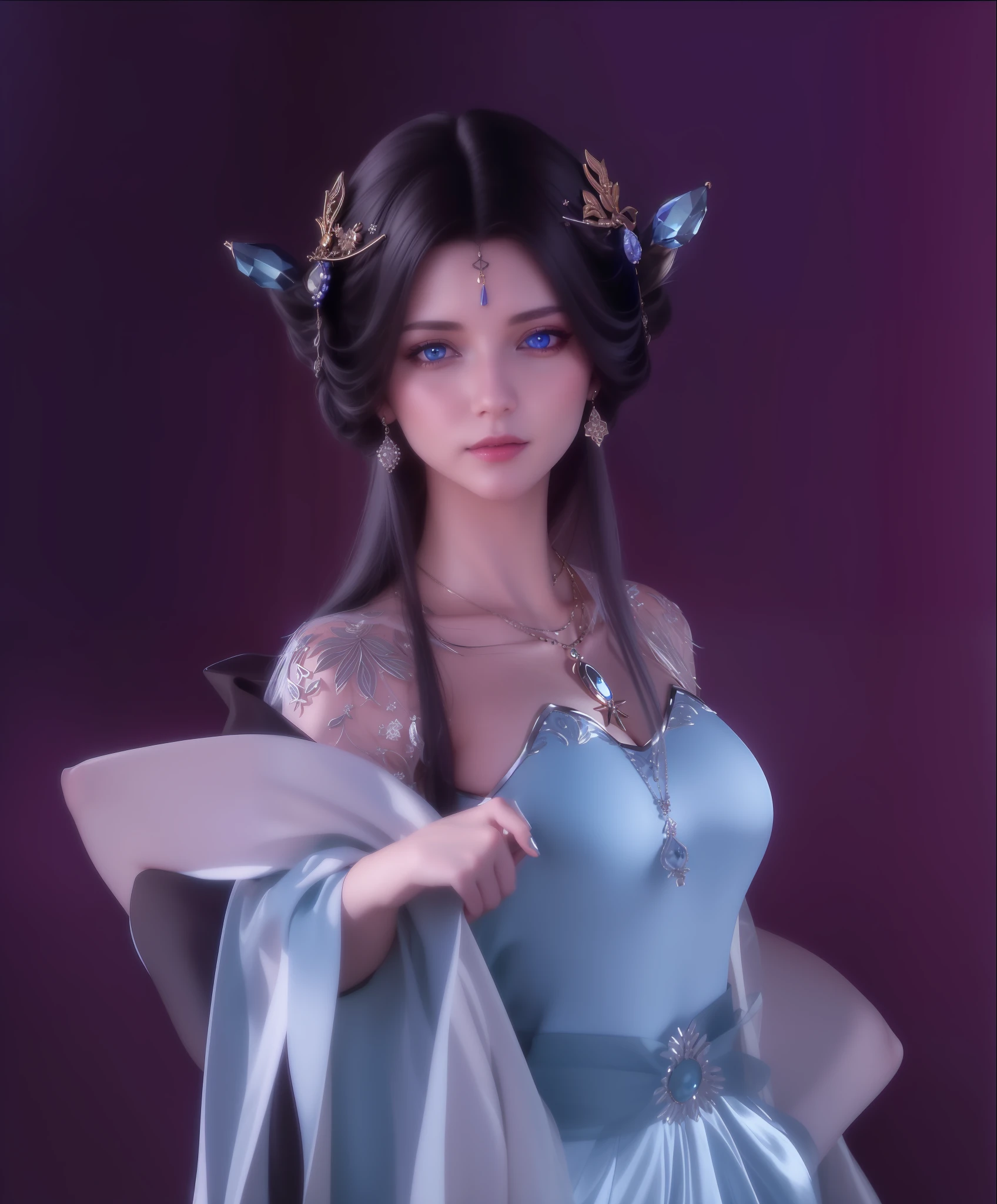 best quality, masterpiece, high_res, 1girl, hair ornament, necklace, jewelry, Beautiful face, tyndall effect, photo realistic, rim lighting, two tone lighting, (high detailed skin:1.2), 8k uhd, dslr, soft lighting, high quality, volumetric lighting, candid, Photograph, high resolution, 4k, 8k, Bokeh, medium breasts, absurdres, white hair color, view of the body from head to knees, blue eyes color, black color dress,