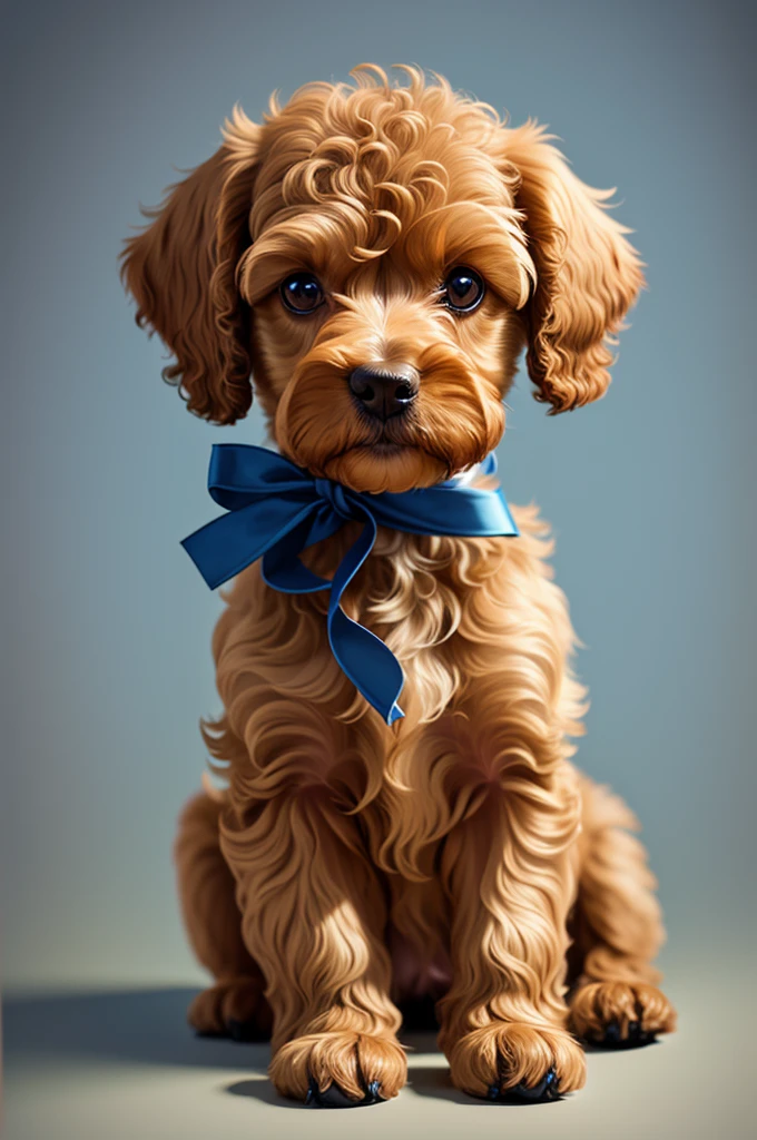 Very cute cavoodlepup illustration, 8k resolution, high resolution, super detailed, clear focus on ultra high definition, shorthair, brown poodle with blue bow on neck, very detailed character design. The use of rim lights, soft lights and sun flares should add depth and mood to the image. A fluffy, misty light gold floral background with a subtle mist effect is ideal, adding a touch of mystery to the illustration. Vibrant Color should be used to bring the puppy to life, emphasizing the puppy's fluff and character.